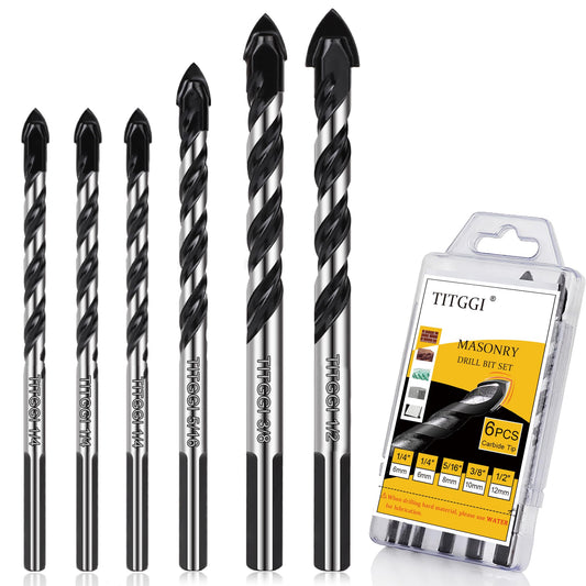 Concrete Drill Bit & Masonry Drill Bit Set, Professional Drill Bit Set (6PCS) for Glass/Brick/Plastic/Cement/Wood/Tile/Etc, Industrial Strength Carbide Drill Bit Tip, 1/4"-1/2" by TITGGI