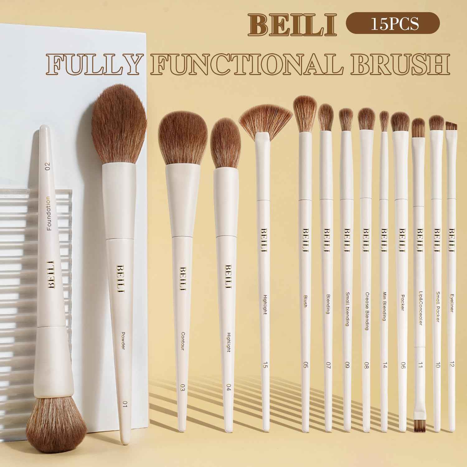 BEILI Makeup Brush Set 15Pcs Labeled Makeup Brushes Premium Synthetic Foundation Powder Contour Blush Concealers Eye Shadow Eyeliner Blending Face Brush Set