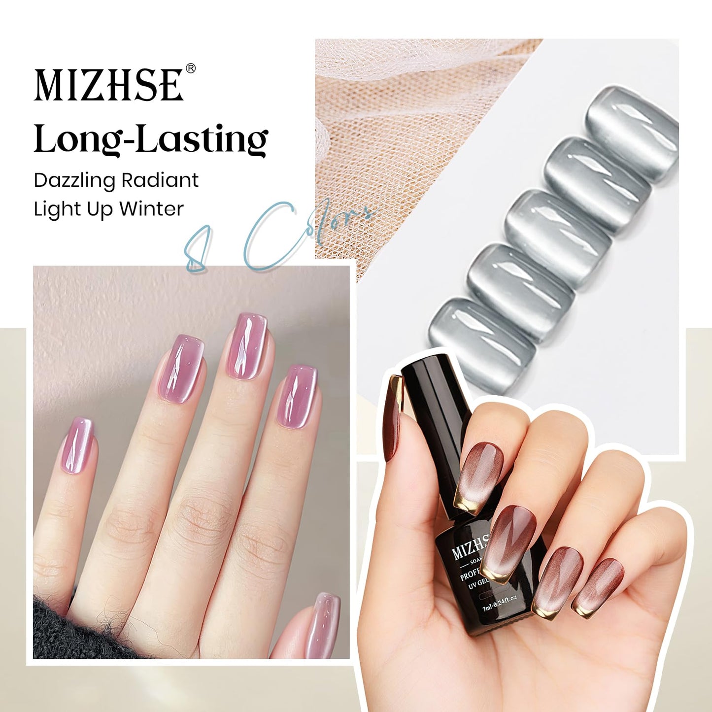 MIZHSE Cat Eye Gel Nail Polish, 8 Colors Ceramic Magnetic Gel Polish Set with Magnet Stick, Crystal Shimmer Silver Brown Green Purple Colors Nail Gel Soak Off Nail Art Salon Home Gift for Women