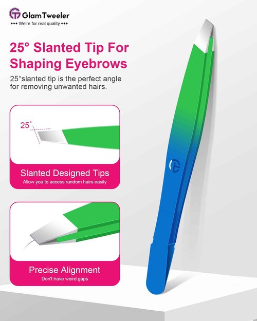 Exclusive G-01 Slant Tip Tweezers, GlamTweeler High Precison Expert Eyebrow and Facial Hair Removal Tweezer with Leather Storage & Carrying Case (Princess Blue & Green)