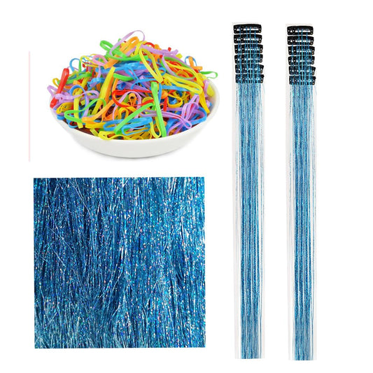 Hair Tinsel Clip in Lake Blue 22 Inch Tinsel Hair Extensions with Clips 12 Pcs Colorful Glitter Tinsel Hair Heat Resistant Sparkling Fairy Hair Accessories for Women Kids Girls