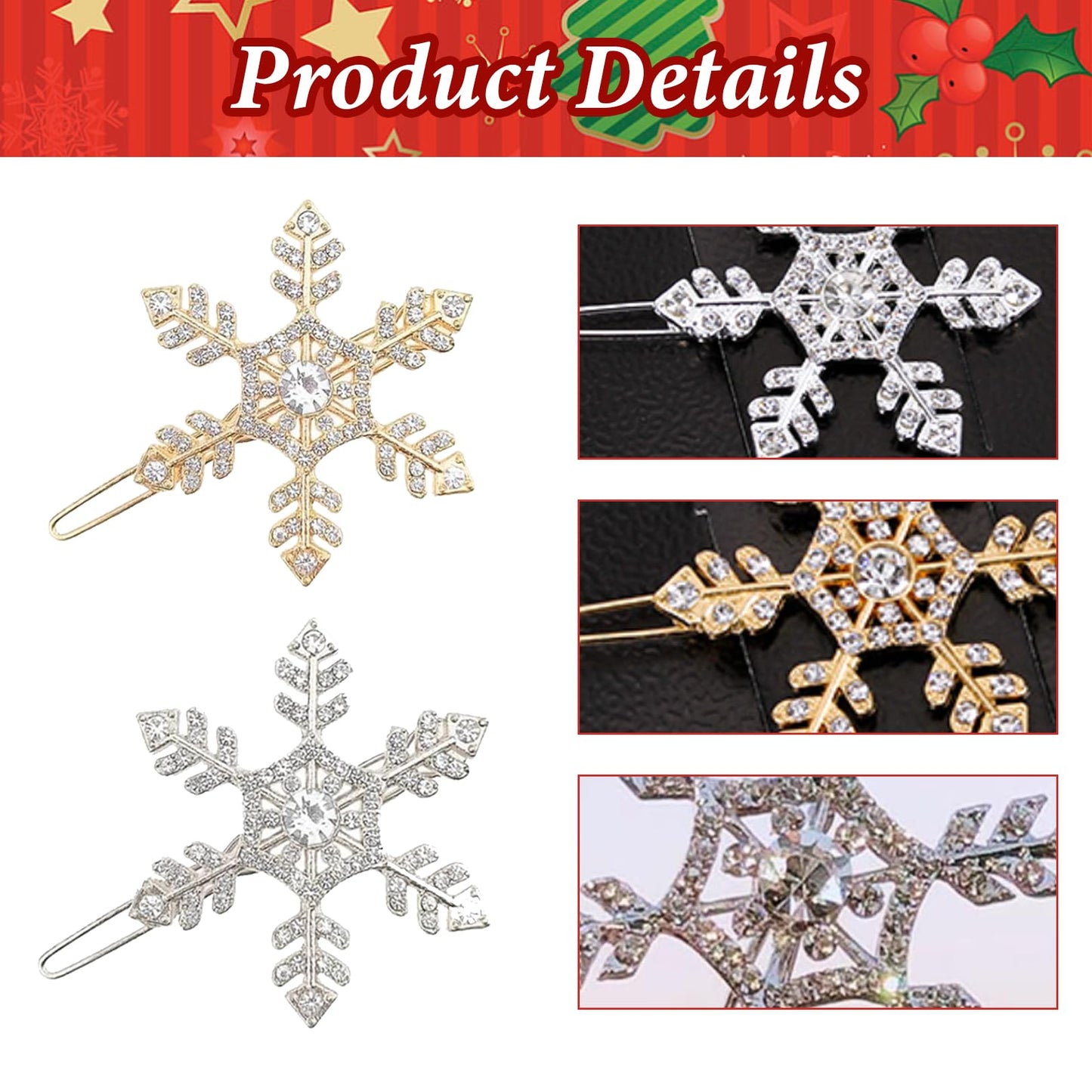 Gold Silver Rhinestone Snowflake Hair Clips - 2Pcs Christmas Hair Clips Crystal Hair Barrettes Snowflake Hairpin Christmas Snowflake Hair Accessories Headwear for Women Girls Toddlers Christmas Gifts