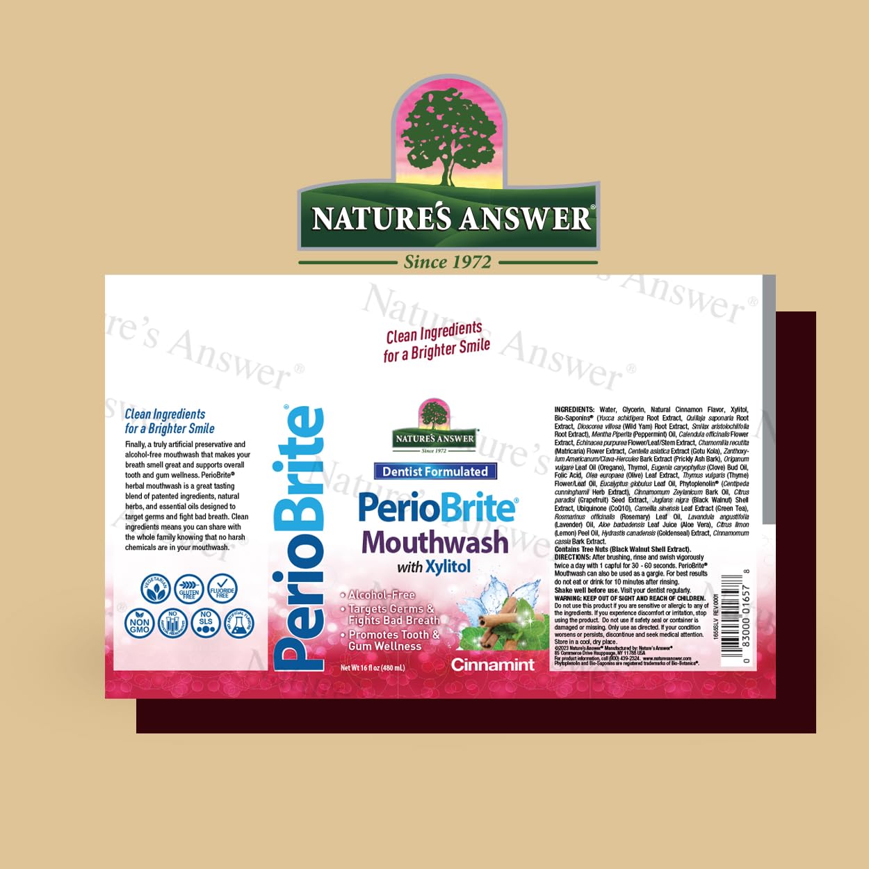 Nature's Answer PerioBrite Alcohol-Free Mouthwash, Cinnamon, 16-Fluid Ounce | Whitens Teeth | Freshens Breath | Removes Plaque | Minimizes Dry Mouth (Pack of 2)