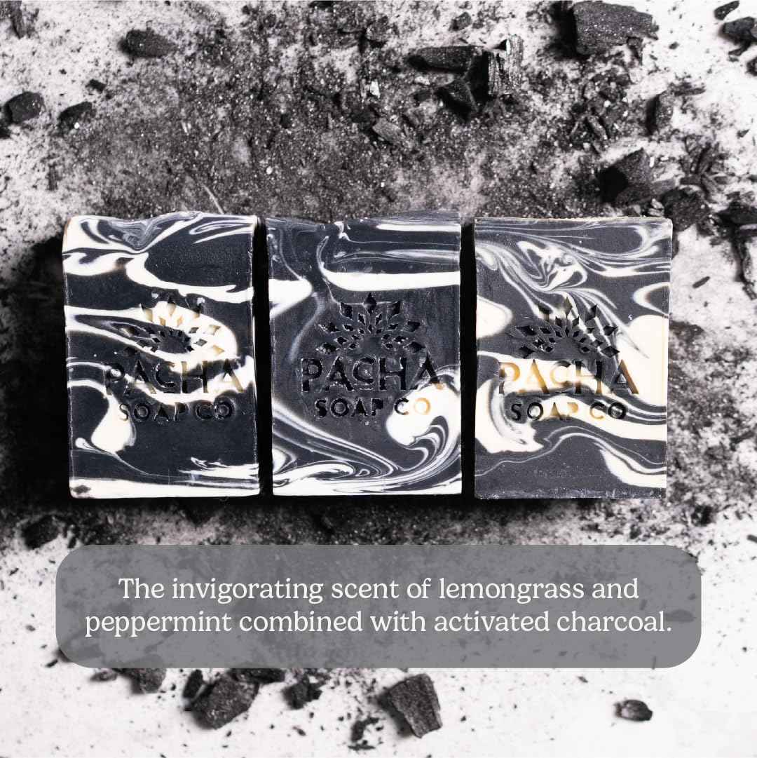 Pacha Soap Co. Bar Soap - Premium, Handcrafted, Hydrating, Natural Face Wash, Hand Cleanser, Body Wash, Soothing Essential Oils (Clarifying Charcoal, 5-Pack, 4 oz ea)