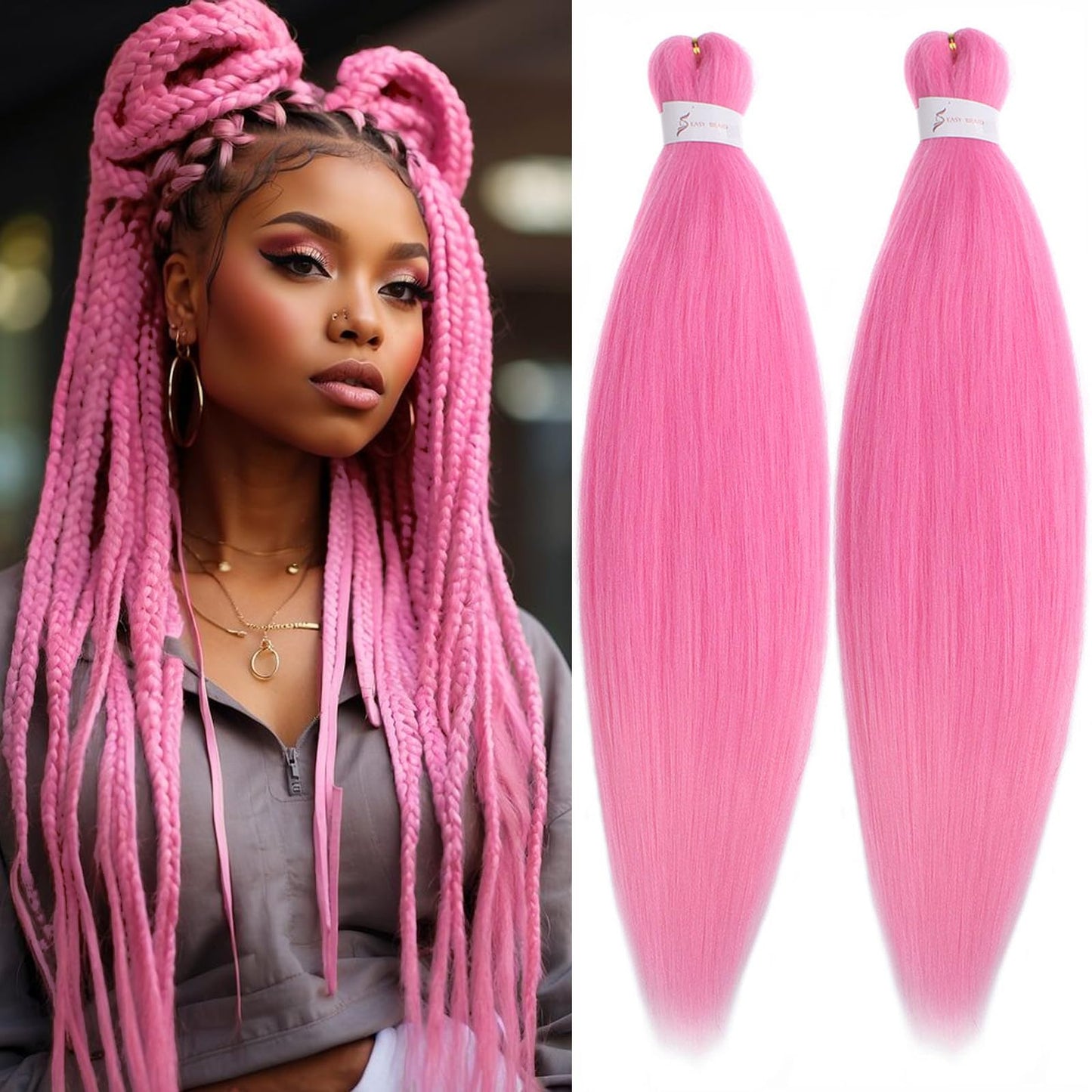 Unionbeauty 2 Packs Pre Stretched Braiding Hair 26 Inch Pink Braiding Hair Synthetic Braiding Hair Hot Water Setting Crochet Hair for Box Braids Yaki Texture Hair Extensions Crochet Braids(PINK#)