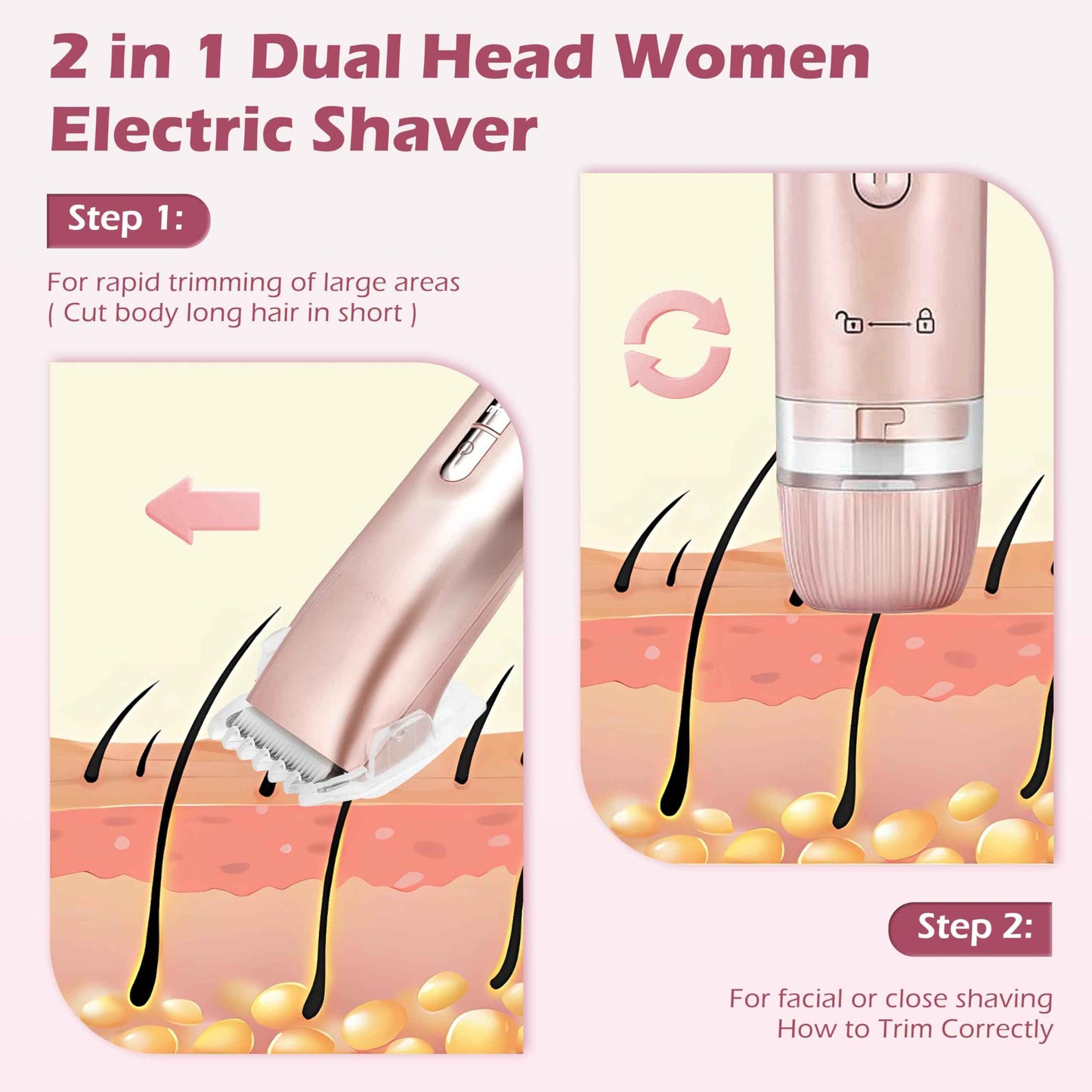MINYUGUT 2 in 1 Dual Head Bikini Trimmer for Women, Women Electric Shaver IPX7 Waterproof Wet & Dry Use Body Hair Trimmer and Facial Hair Remover Cordless Body Shaver for Bikini Underarm Leg Arm Face
