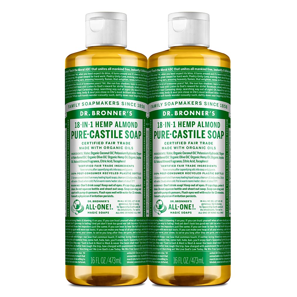 Dr. Bronner's - Pure-Castile Liquid Soap (Almond, 16 ounce, 2-Pack) - Made with Organic Oils, 18-in-1 Uses: Face, Body, Hair, Laundry, Pets and Dishes, Concentrated, Vegan, Non-GMO