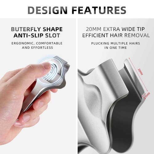 AUSOMTEK Butterfly Beard Tweezers, Hair Plucking, Fine Hair Removal Tweezers, Eyebrows Tool, Stainless Steel, 20mm Wide Tips, Anti-Slip Slot, Brown PU Case 1Pack