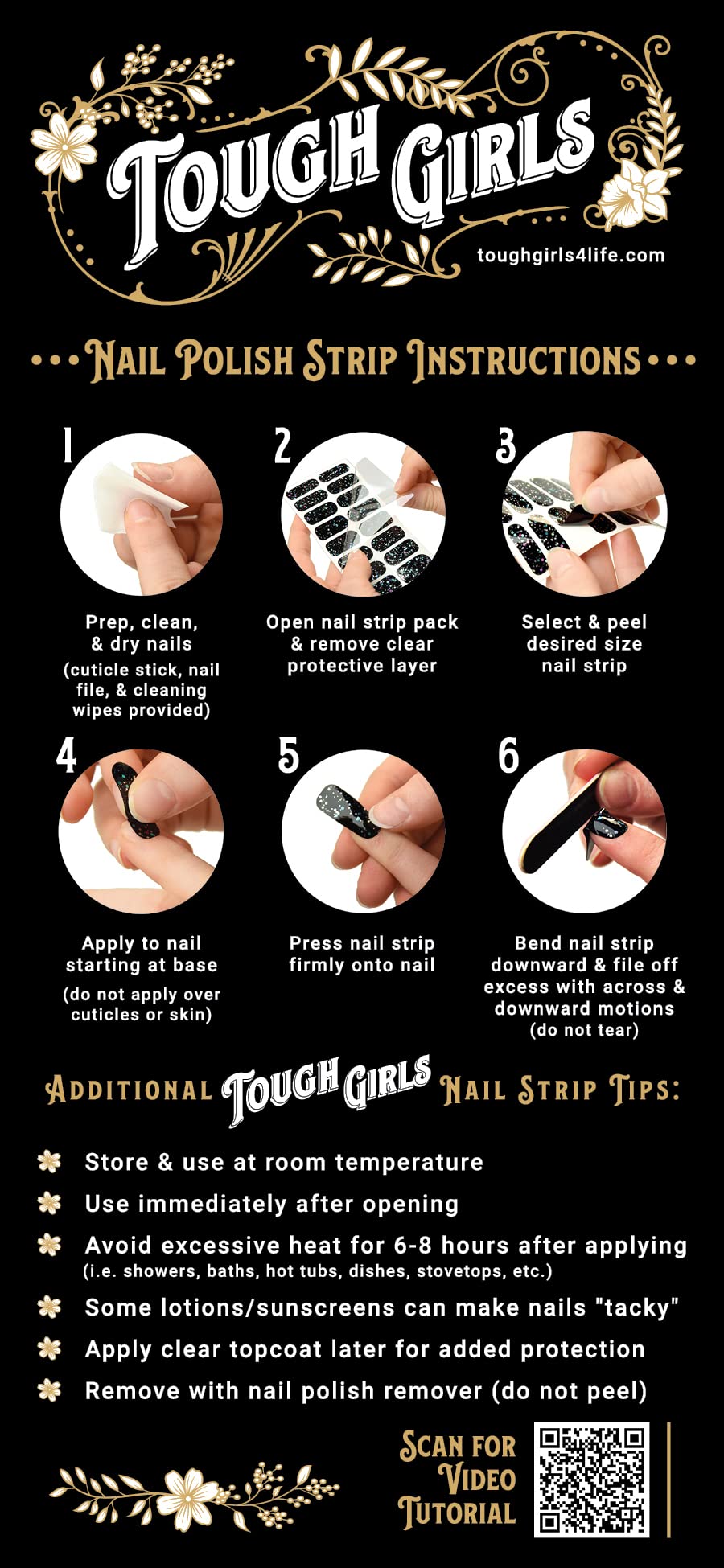 TOUGH GIRLS | 20 Exquisite Gel Nail Polish Strips w/Application Accessories - No UV/LED Lamp Required (Black Matte w/White Lines)