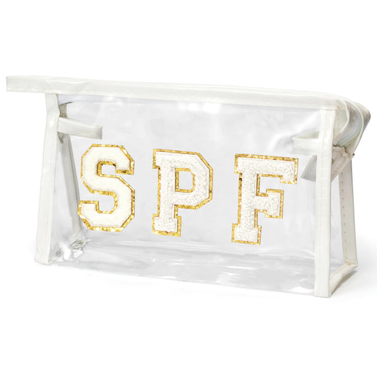 AsodSway Preppy Patch Cosmetic Bag - Summer SPF White Varsity Letter Clear Toiletry Bag Aesthetic Waterproof Portable Makeup Bag Transparent PVC Zipper Clutch Purse Travel Beach Bag for Women Girls