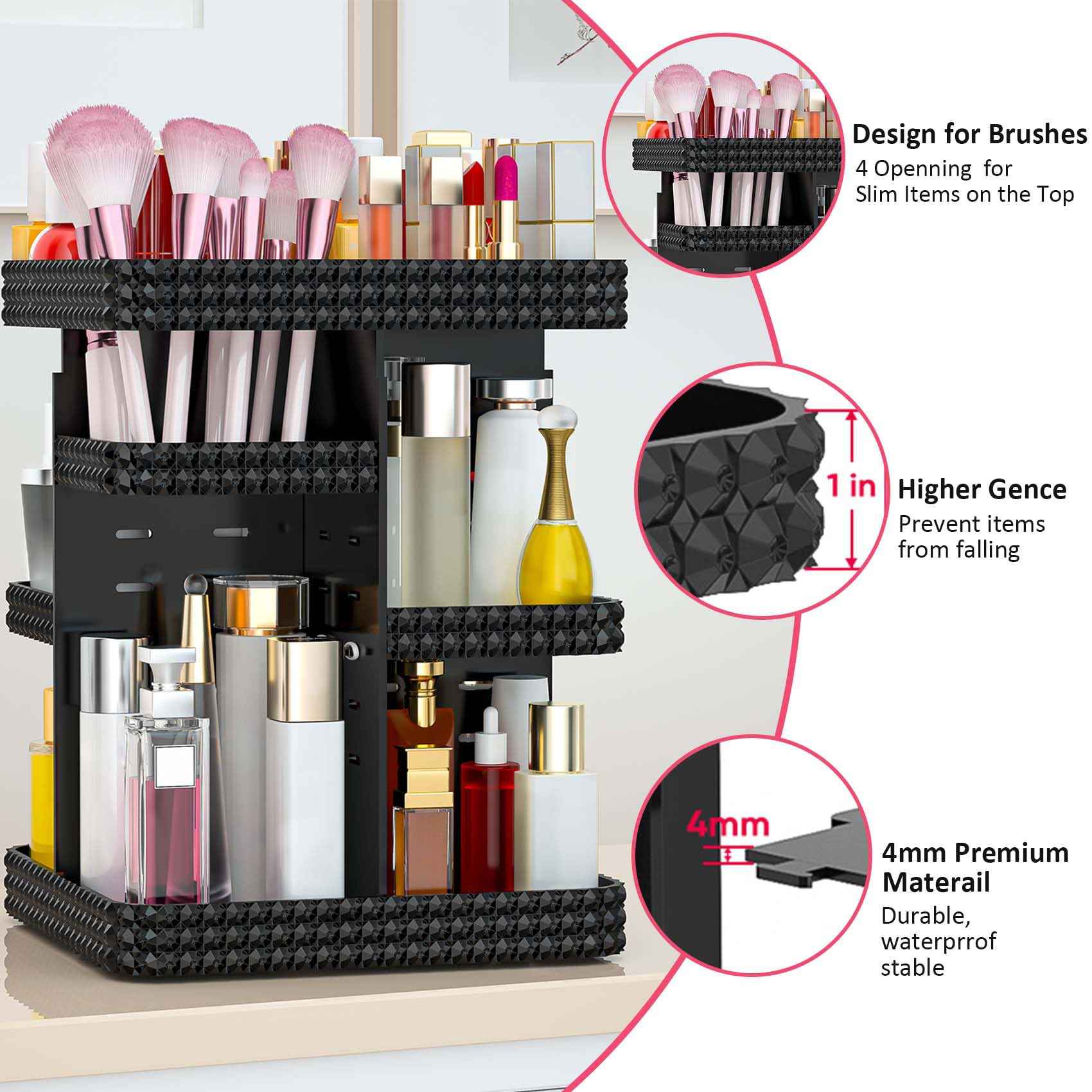 BOCONY Rotating Makeup Organizer, Large Capacity Cosmetic Display Case, Acrylic Skincare Organizer with Brush Holder, Makeup Storage Organizer for Dresser Countertop and Bathroom Vanity - Black