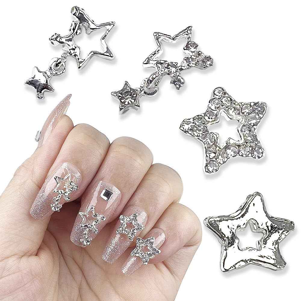 20 Pcs Star Nail Charms for Acrylic Nails, 3D Silver Stars Nail Rhinestones Nail Gems Jewels Pentagram, Shiny Crystal Star Nail Art Charms, 3D Nail Art Supplies, Nail Gems for Nails Designs