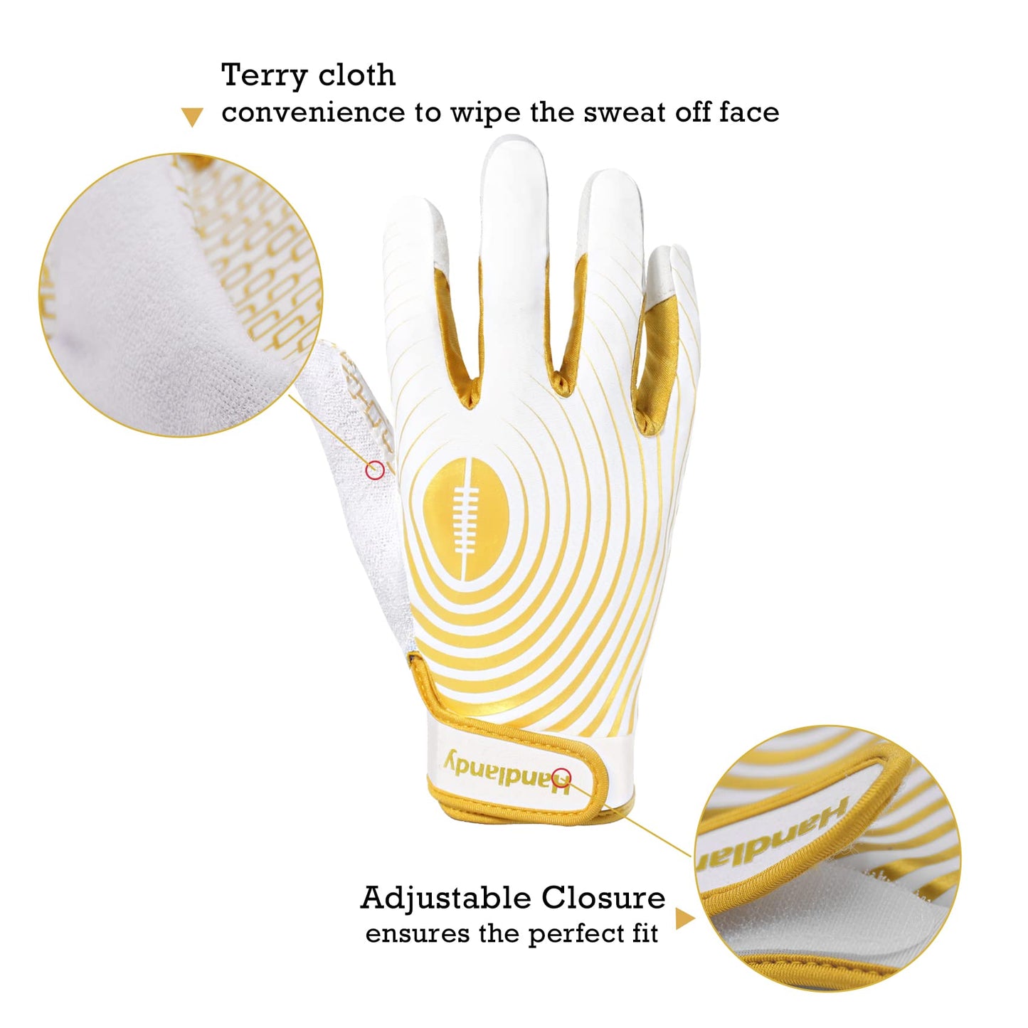 HANDLANDY Youth Football Gloves, Sticky Wide Receiver Gloves for Kids & Adult, White and Gold Stretch Fit Football Gloves (X-Small)