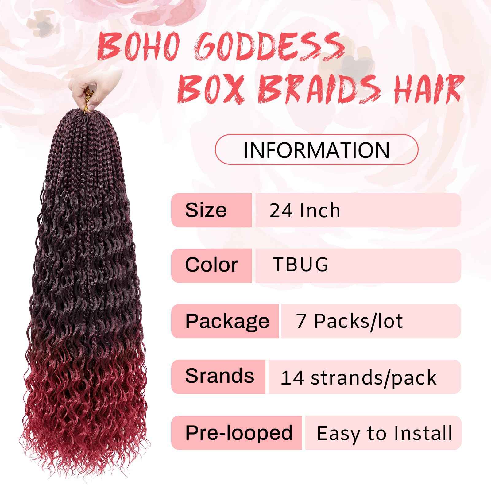 Eeanno Goddess Box Braids Crochet Hair 24 Inch 7 Packs Ombre Burgundy Boho Hair for Women Pre Looped Crochet Box Braids with Curly Ends, TIB/BUG