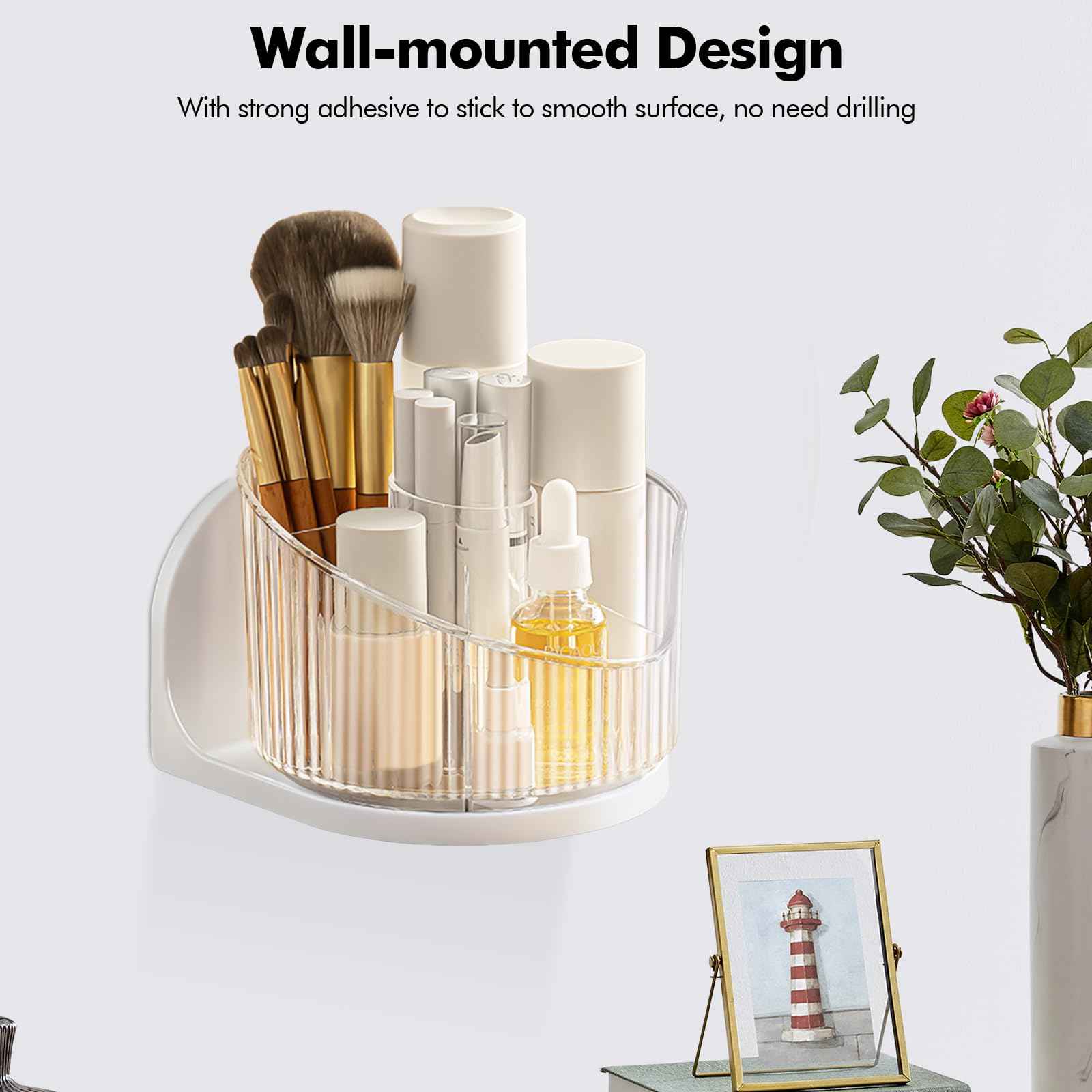 Poeland Wall Mounted Makeup Brushes Organizer, 360 Rotating Makeup Holder with 6 Compartments for Skincare Products, Makeup Brushes