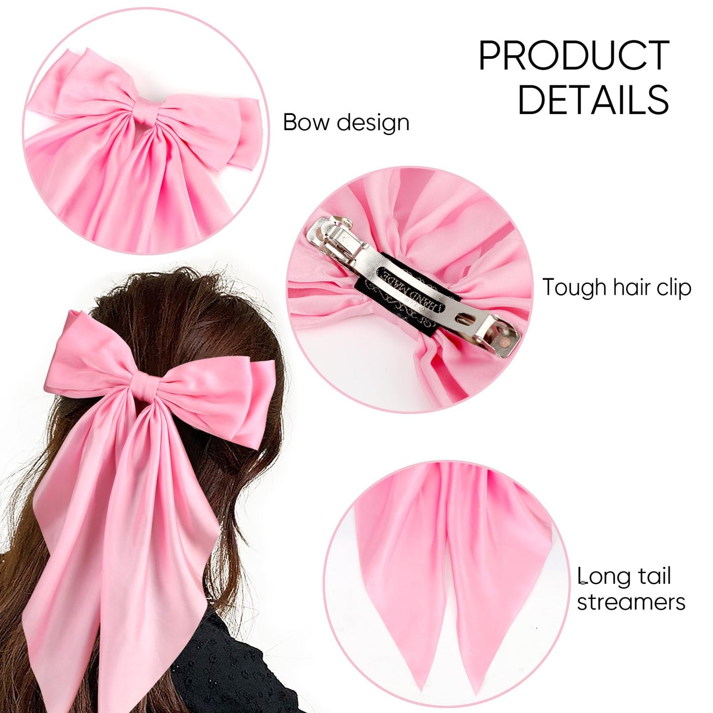 DRESHOW Silky Satin Hair Bows Big Hair Bow for Women Girls Large Ribbon Oversized Long Tail Black Hair Bow Pink Hair Bow Fashion Hair Barrette Women Bow Hair Clip Aesthetic Hair Accessories Gift 4 Pcs