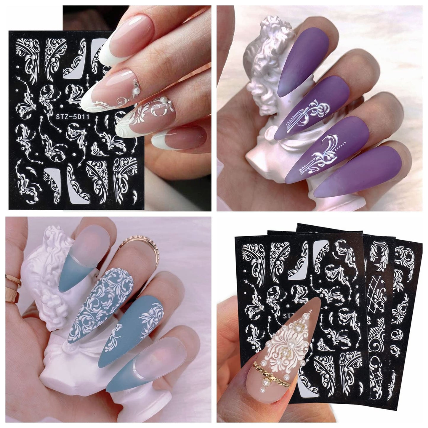 Nail Art Stickers 5D Embossed White Lace Nail Decals Self Adhesive Nail Supplies Nail Stickers for for Women Manicure Decoration DIY Nail Art Design