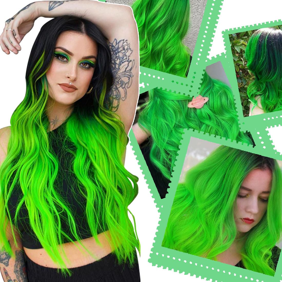 BUMMSEVEN Green Hair Extensions Clip in, Curly Wavy Colored Synthetic Hairpieces Party Highlights, Colorful Hair Accessories Clips Ins for Kids Girls Women 16 Inch (10 Pieces Green)