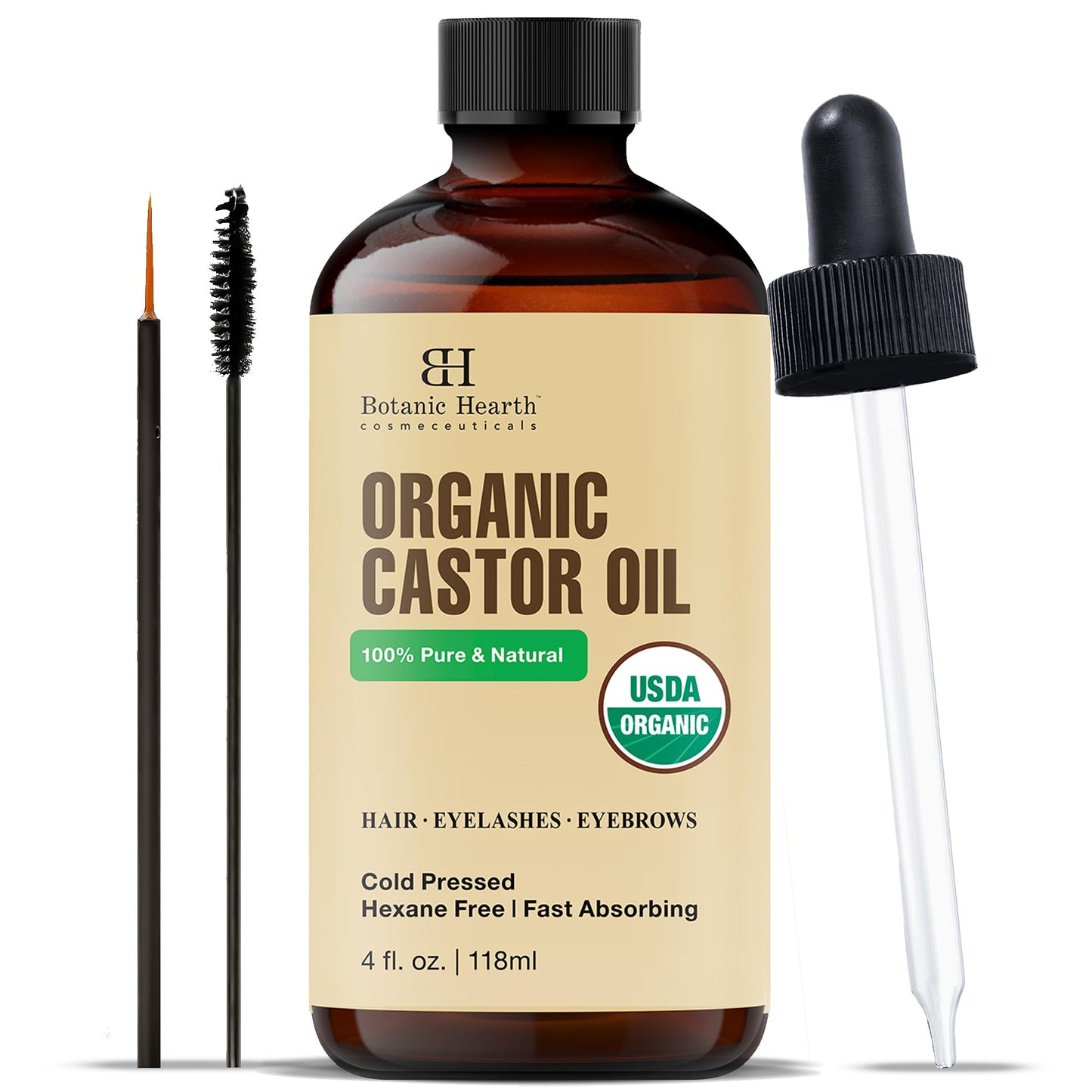 Botanic Hearth Castor Oil | USDA Certified Organic |100% Pure & Hexane Free | Cold Pressed | Growth for Eyelashes, Eyebrows, Hair | With Eyebrow & Eyelash Brush | 4fl oz