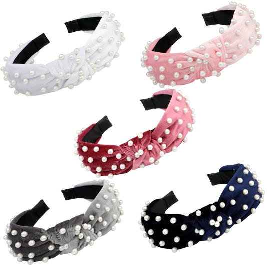 VELSCRUN Pearl Headband - 5 Pcs Set Velvet Fabric in Black, White, Pink, Red, Knotted Headbands with Beaded Non Slip Wide Top Knot, Hair Bands for Women, Hair Accessories for Women, Girls Gifts