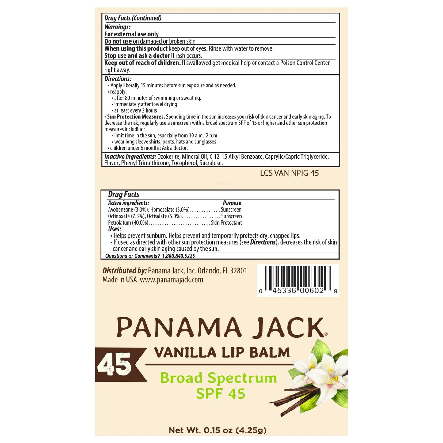 Panama Jack Sunscreen Lip Balm - SPF 45, Broad Spectrum UVA-UVB Sunscreen Protection, Prevents & Soothes Dry, Chapped Lips, Vanilla, 7-pack