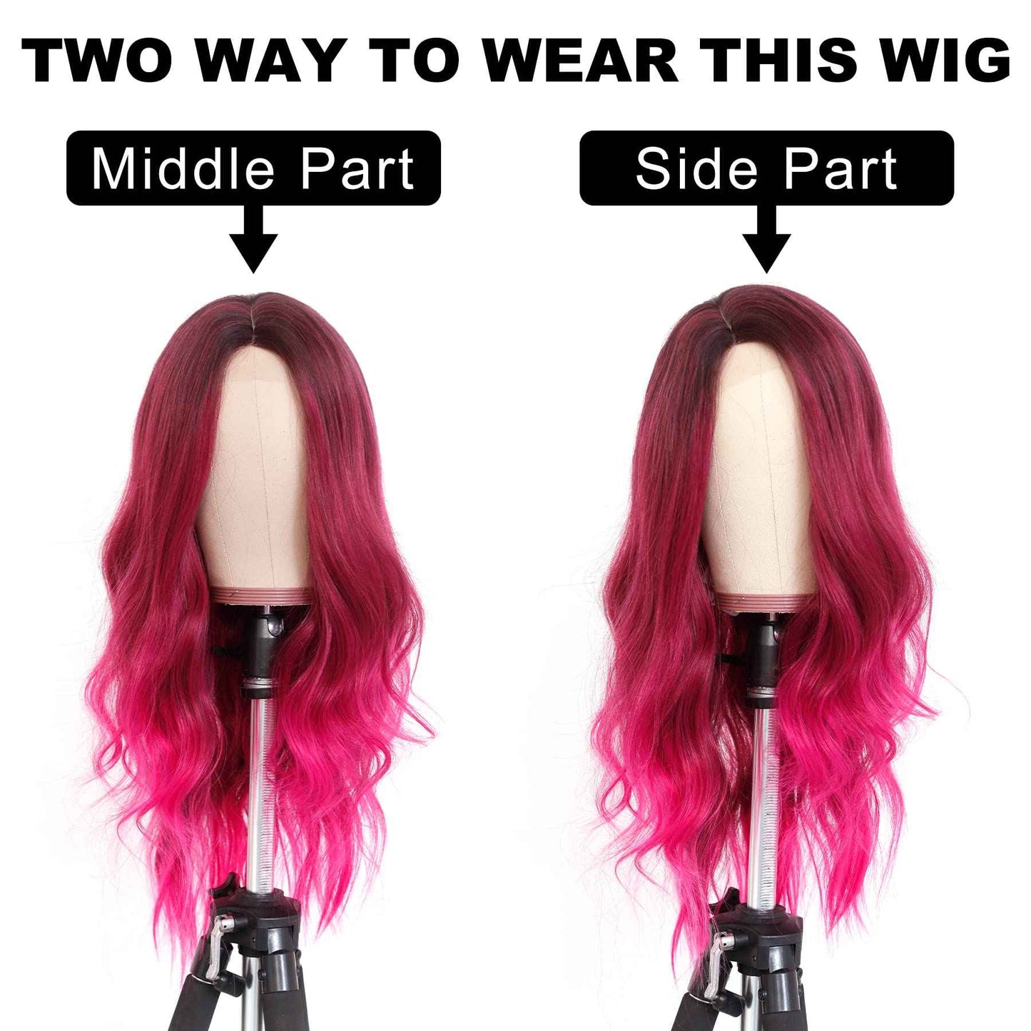 7JHH WIGS Hot Pink Long Wig with Dark Root Middle Part Lace Front Wavy Burgundy Ombre Pink Wig Body Wave Synthetic Wig for Women Transparent Lace Wig Hair 180% Density Daily Wear Wig 27 inch