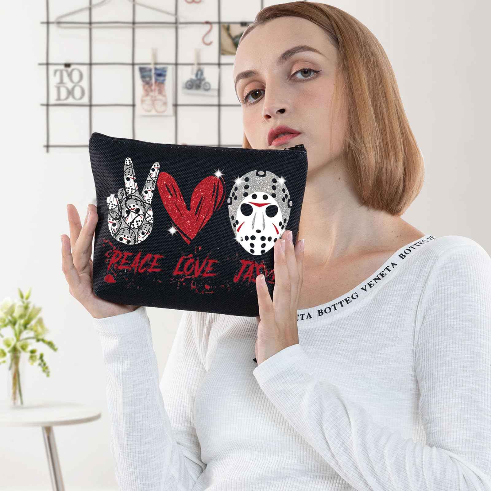 BWWKTOP Mask Slasher Cosmetic Makeup Bag Mask Fans Gifts Peace Love Zipper Pouch Bag Machete Killer Merchandise (PEACE JASON)