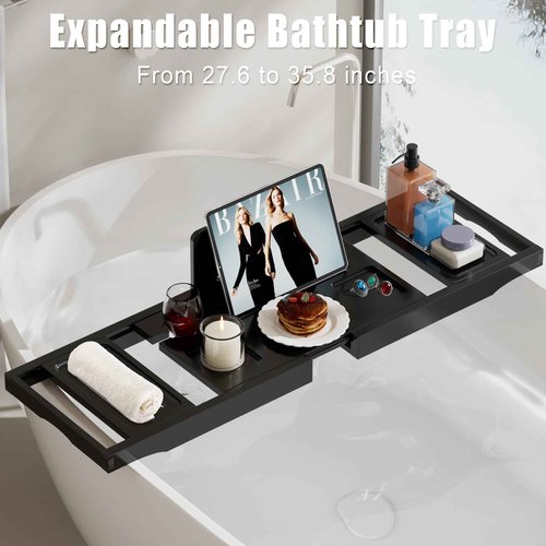 Bathtub Tray Caddy,Premium Bamboo Expandable Bath Tub Trays Table, Foldable Bathroom Accessories,Great House Warming, Anniversary and Birthday Gifts,Black