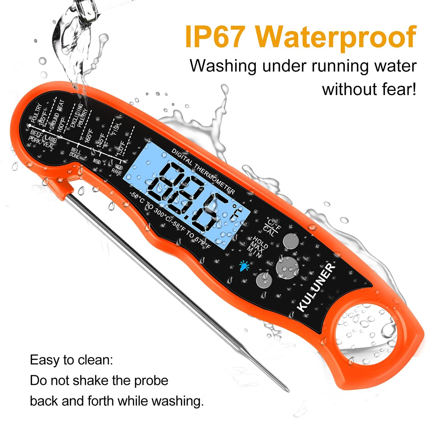 KULUNER TP-01 Waterproof Digital Instant Read Meat Thermometer with 4.6 Folding Probe Backlight Calibration Function for Cooking Food Candy, BBQ Grill, Liquids,Beef(Orange)