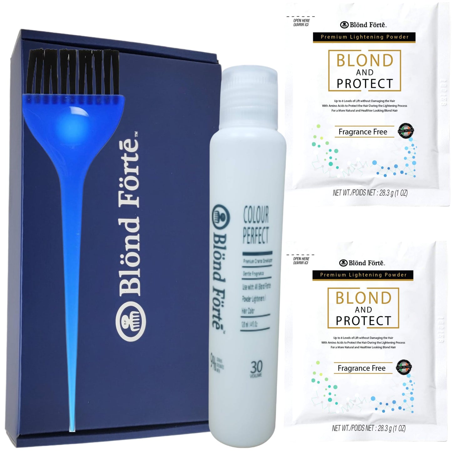 DIY Hair Lightening Kit – Hair Lightener, 30 Volume Developer, Nitrile Glove & Processing Cap – Perfect for for Light, Dark Brown Hair, & Black Hair – 8+ Levels of Lift (Made in Italy) (Blue Powder)