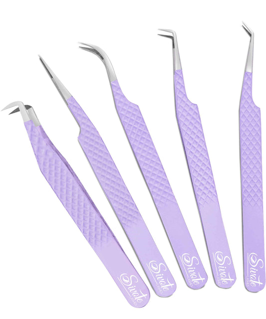 SIVOTE Lash Tweezers for Eyelash Extensions, Pack of 5 Purple – Lash Extension Tweezers Set with Diamond Grip, Precision Fiber Tip for Volume Eyelash Extensions
