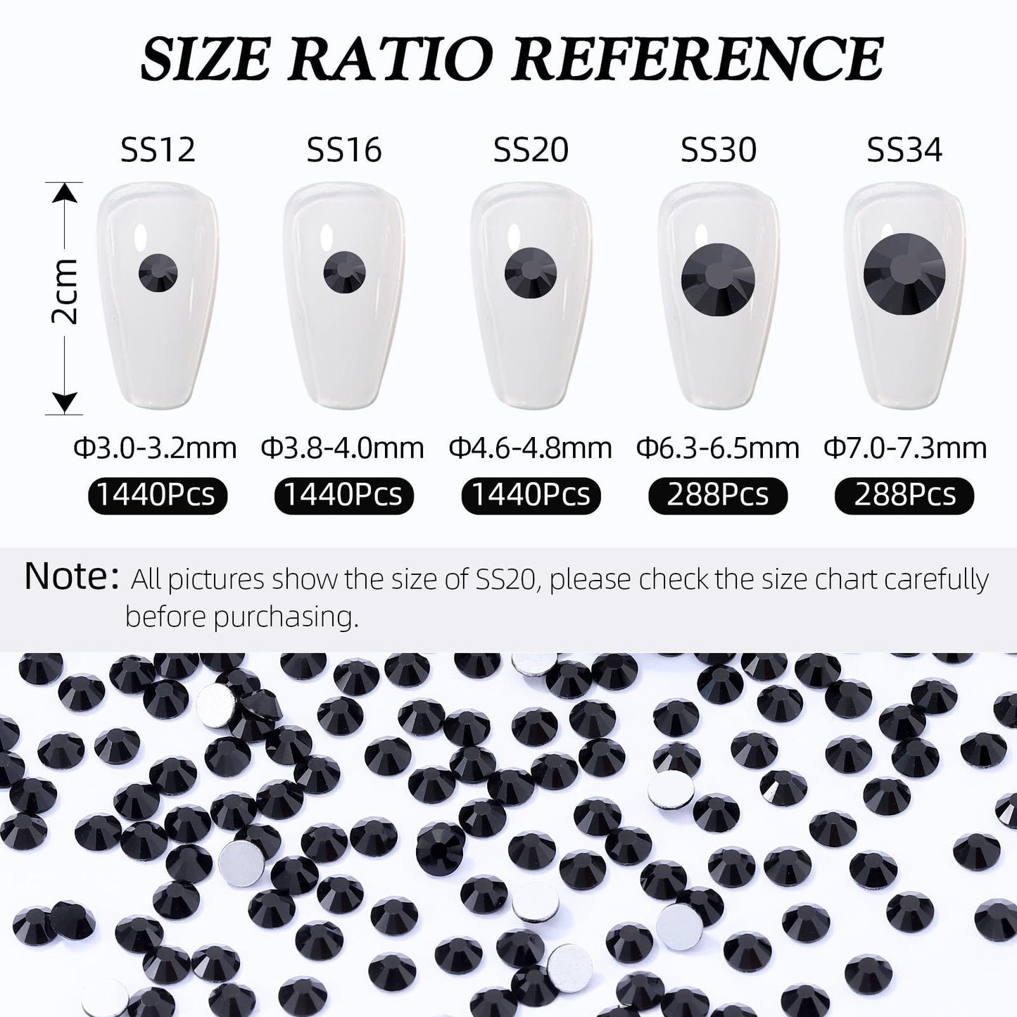 Meibite Black Flatback Rhinestones, Glass Rhinestones for Nail Art and Craft, Glue Fix, Loose Crystal Gemstones(Black, SS34, 288pcs, 7.1-7.3mm)