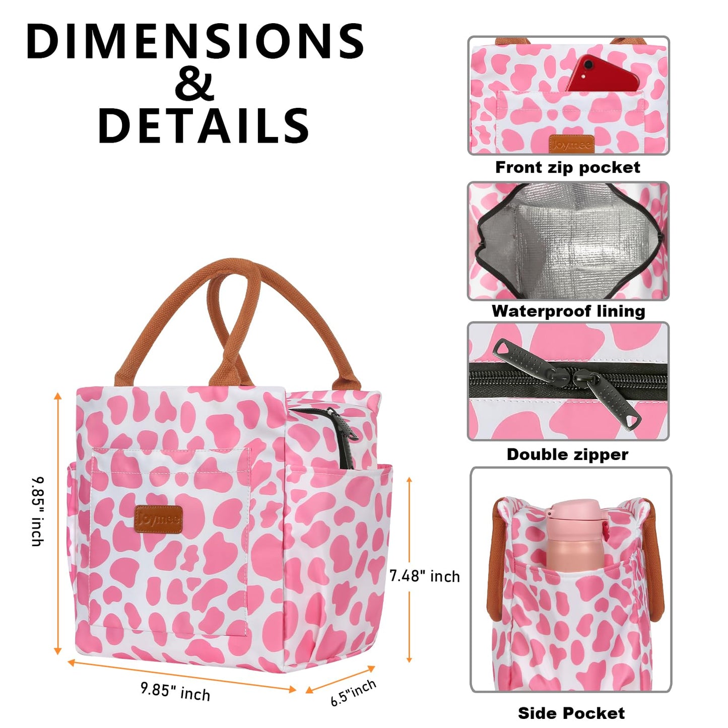 Joymee Lunch Bag Women Insulated Lunch Box Reusable Leakproof Large Spacious Cooler Tote for Womens Mens Adults with Bottle Holder and Side Pockets for Work Office Travel Picnic - Pink Cow