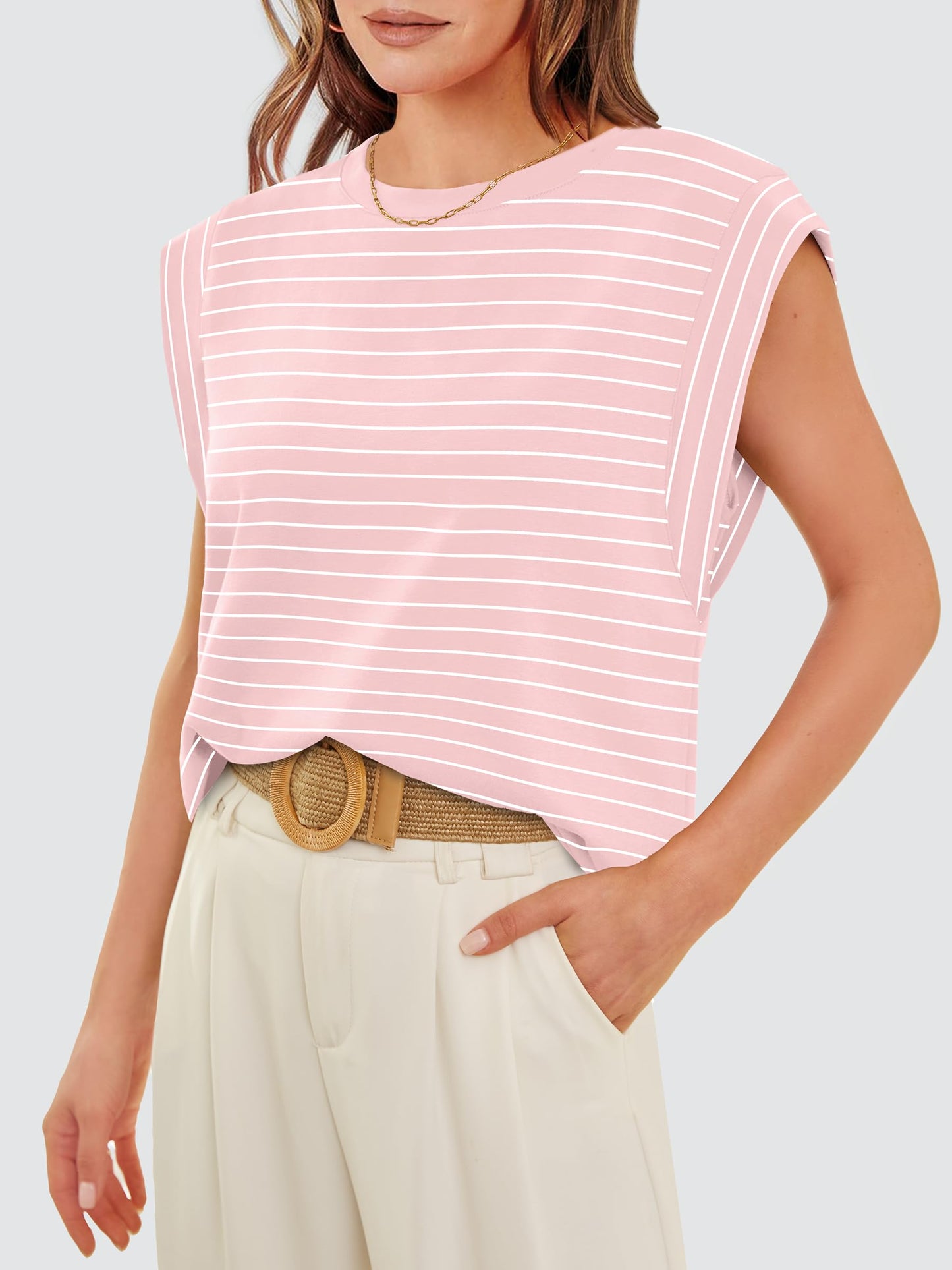 WIHOLL Summer Tops for Women 2024 Trendy Fashion Dressy Casual Crew Neck Cap Sleeve Spring Cute Shirts Outfits Pink Stripe S