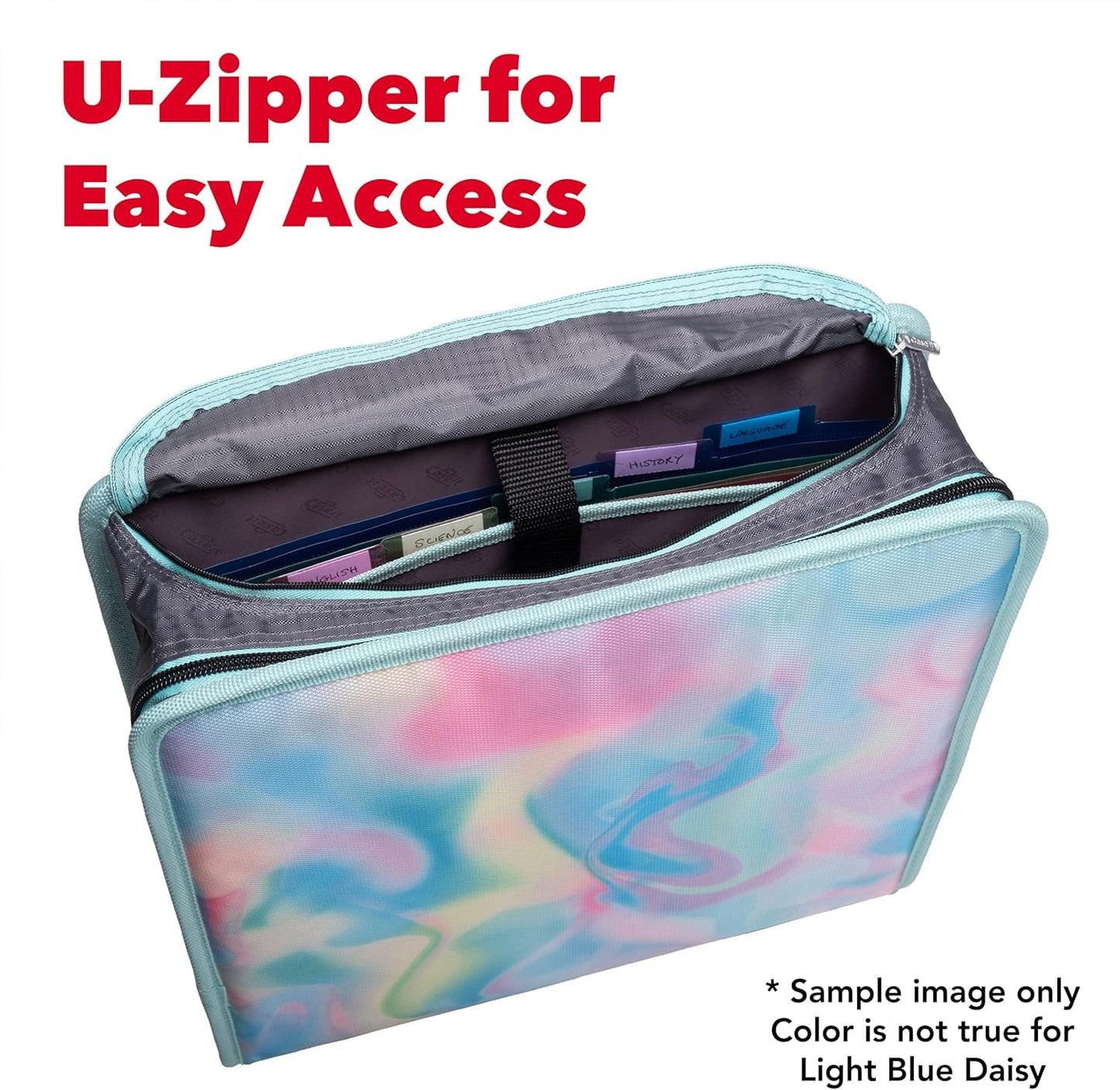 Case-it The Mighty Zip Tab Zipper Binder - 3 Inch O-Rings - 5 Color Tab Expanding File Folder - Multiple Pockets - 600 Sheet Capacity - Comes with Shoulder Strap - Light Blue Daisy D-146-P