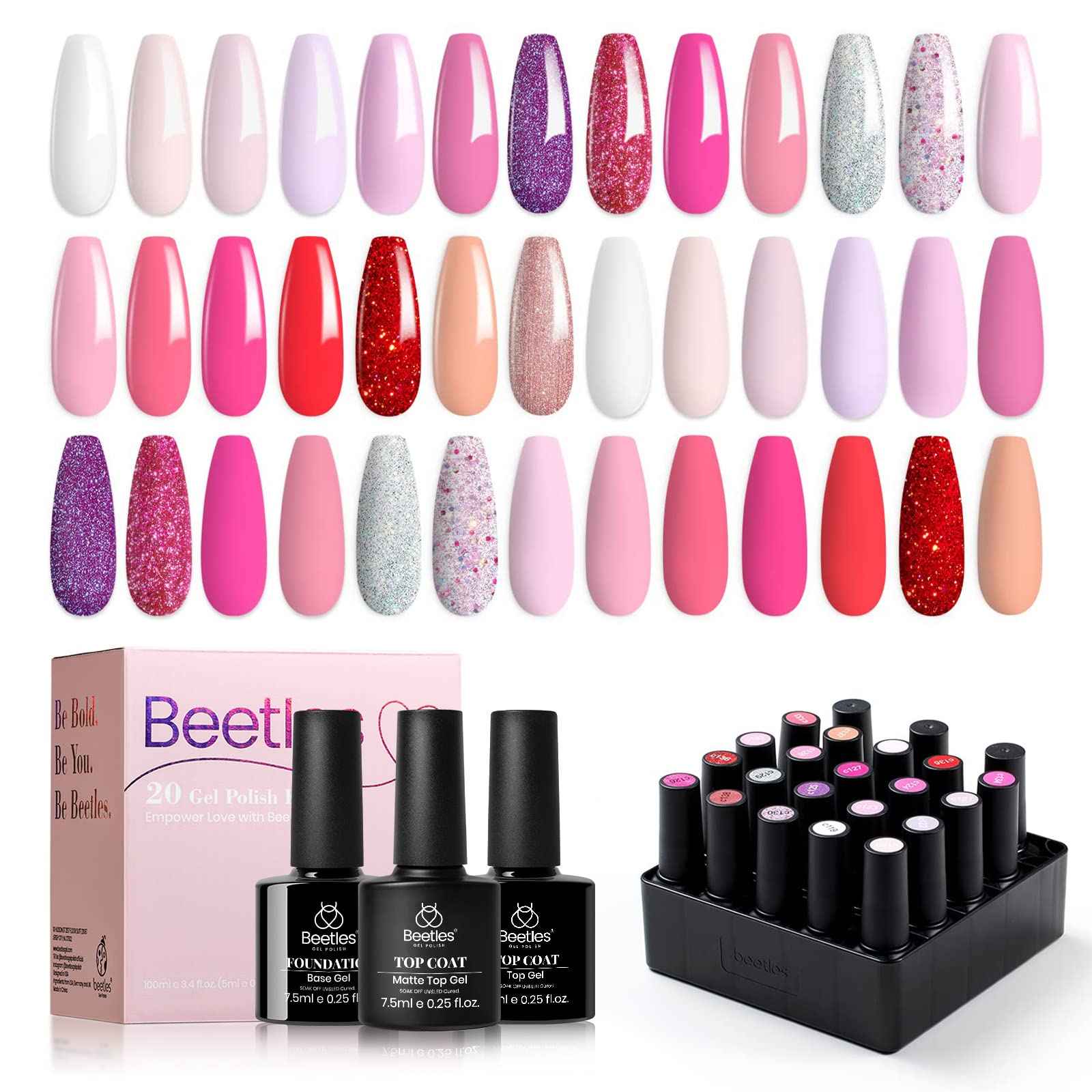 Beetles Gel Nail Polish Kit 20 Colors Nude Pink Purple Glitter Red Manicure Kit and Nail Art Brushes Set Gel Polish Nail Art Design Pen Painting Tools.