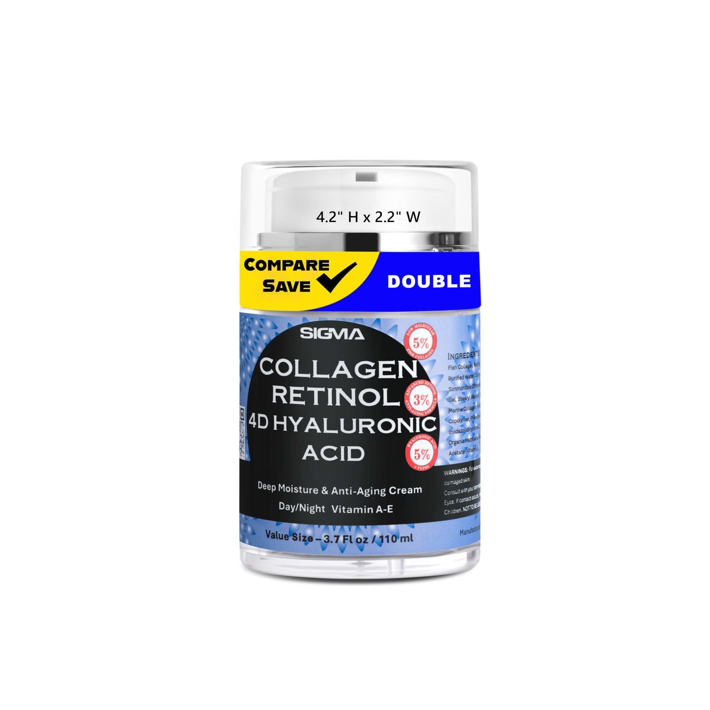 Anti-Aging Face Cream $6.46/oz - 5% Marine Collagen 3% Retinol 5% Hyaluronic Acid - Wrinkle Firming Moisturizer Face Neck - Professional Strength 3.7oz - 1 Finger Cream Dispenser