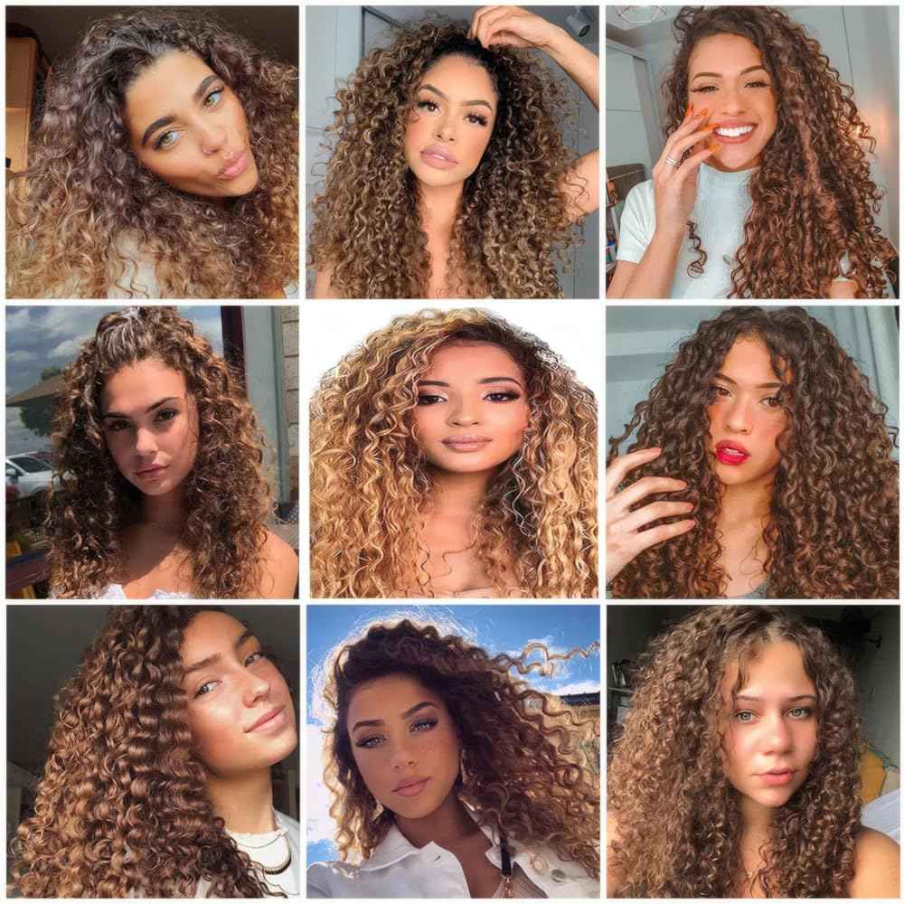 LOIUMGUU T4/27 Honey Blonde Highlight Bundles Ombre Brown Kinky Curly Human Hair 3 Bundles 10 12 14 Inch Brazilian Virgin Human Hair Dark Brown to Honey Blonde for Women Hair Extension