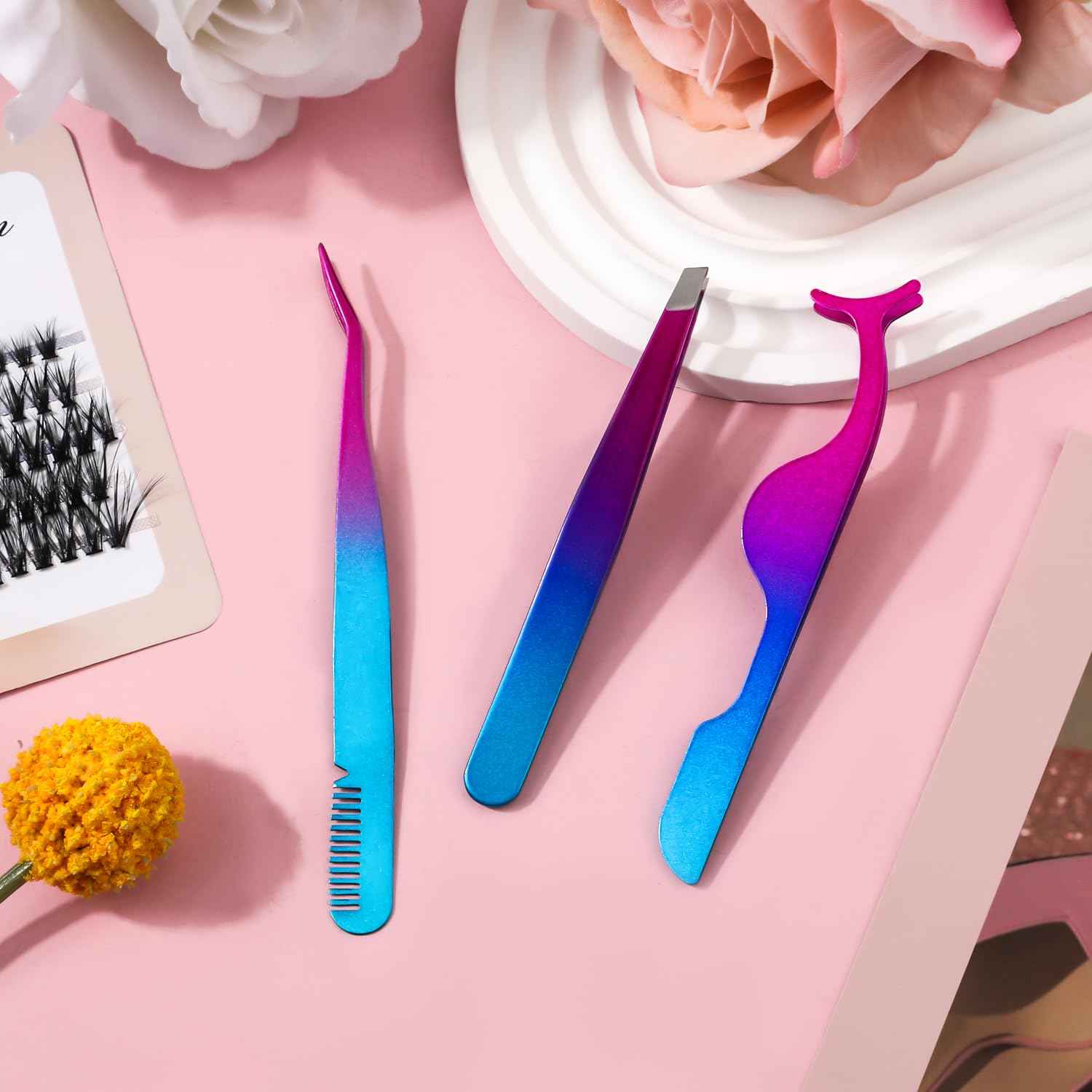 3pcs Eyelash Tweezers, 3 Styles Lash Tweezers with Comb Stainless Steel False Lash Application Tool Eyebrow Tweezers Makeup Tool for Cluster Individual Lash (Purple Blue Gradient)