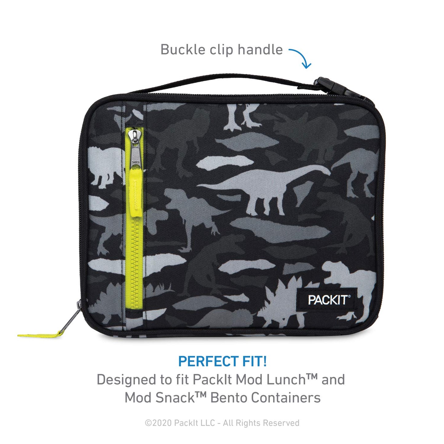 PackIt Freezable Classic Lunch Box, Dino Camo Charcoal, Built with EcoFreeze Technology, Collapsible, Reusable, Zip Closure With Zip Front Pocket and Buckle Handle, Designed for Lunches