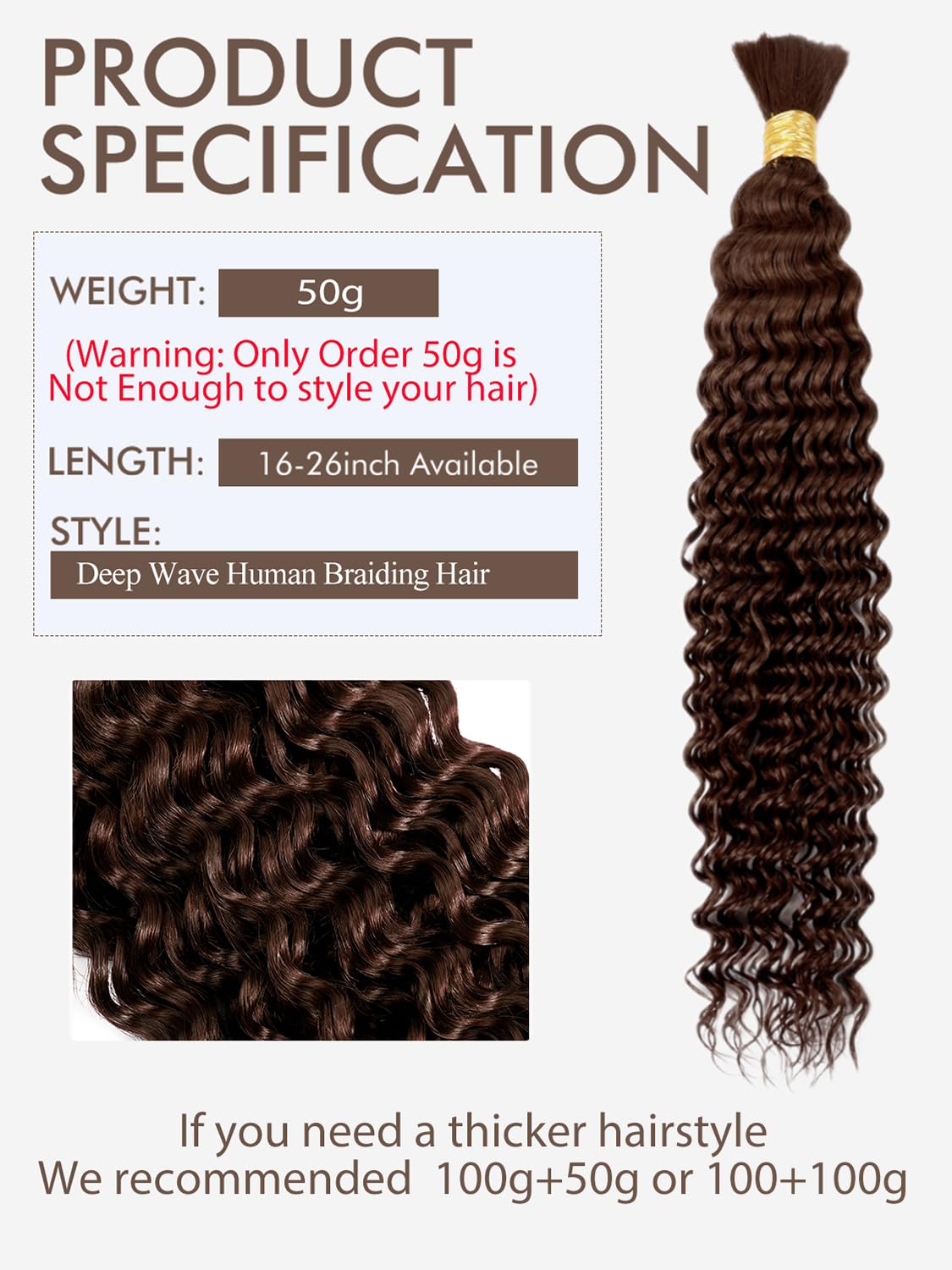 Chocolate Brown Braiding Hair 1 Bundle 50g 20 Inch Deep Water Wave Bulk Human Hair for Braiding Brazilian Virgin Curly Human Hair Extensions for Boho Braids Wet and Wavy Color 4 Human Braiding Hair