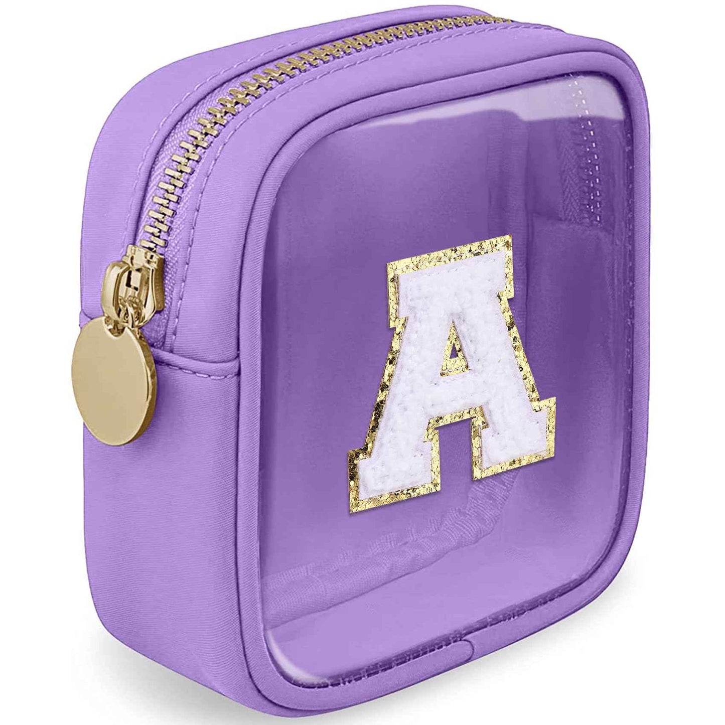 LOFOWN Initial Clear Makeup Bag Small Cosmetic Bag Travel Toiletry Bag Clear Zipper Pouch Purse Organizer Bags for Women (Purple, A)