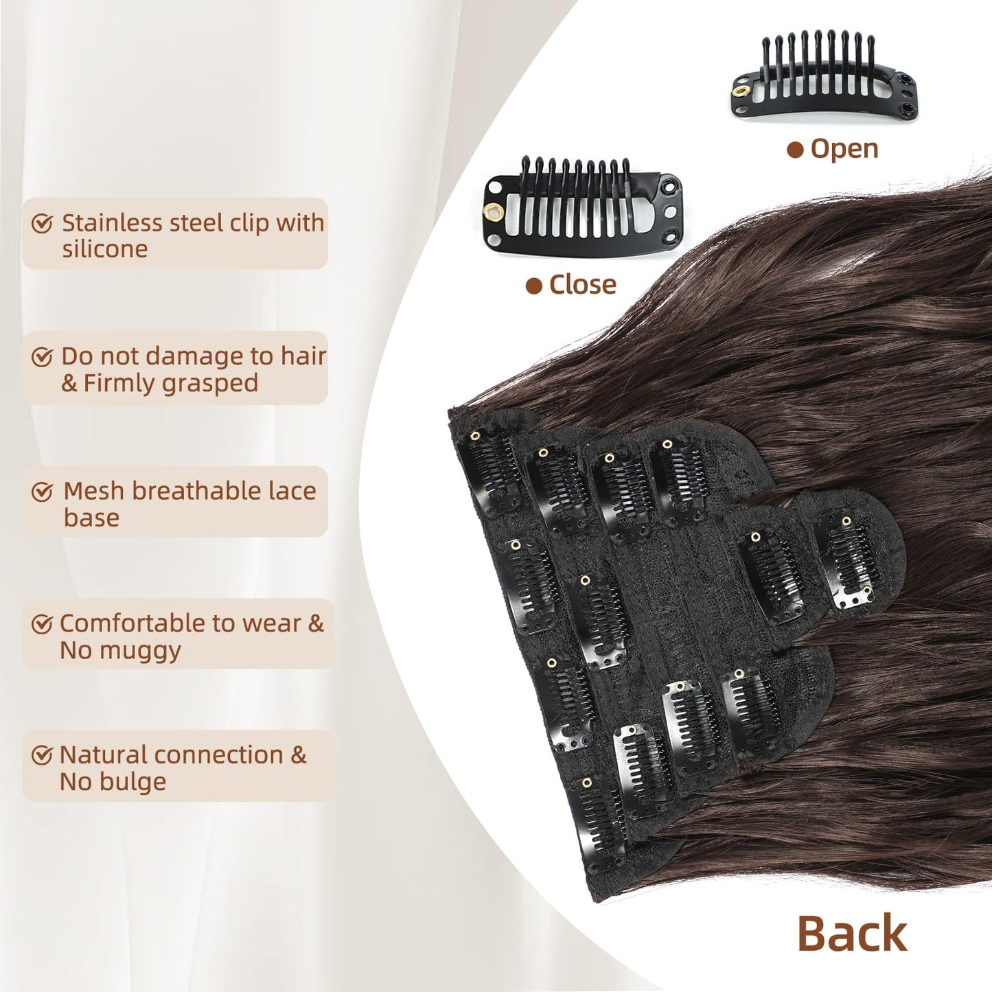 Fliace Clip in Hair Extensions, 6 PCS Natural & Soft Hair & Blends Well Hair Extensions, Dark Brown Long Wavy Hairpieces(20inch, 6pcs, Dark Brown)