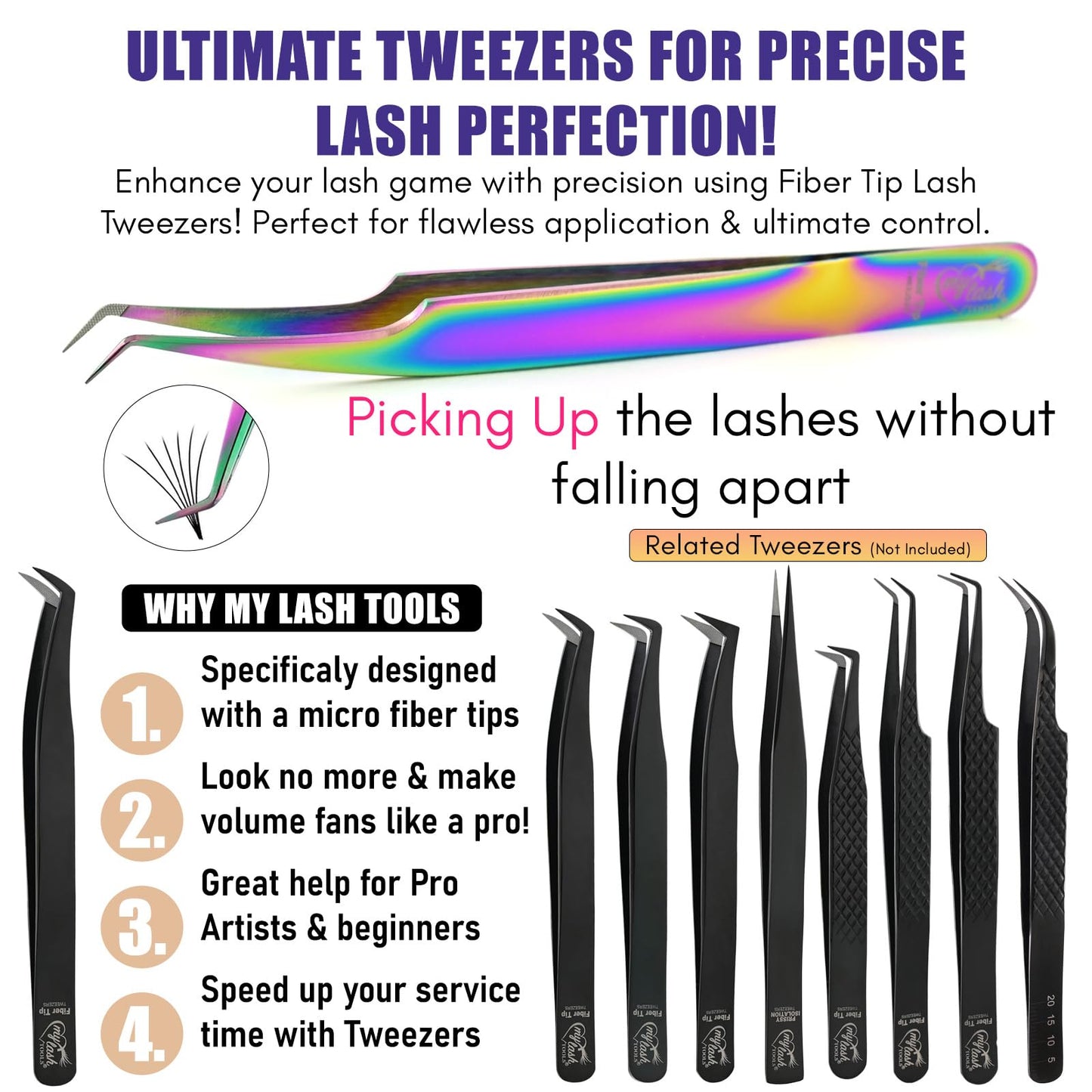 My Lash Tools Lash Tweezers For Eyelash Extension Precision Fiber Tip Lash Tweezers for Eyelash Extensions Curved 45 Degree Volume Tweezers for Women | Pro Stainless Steel Lashing Tweezers (Black)