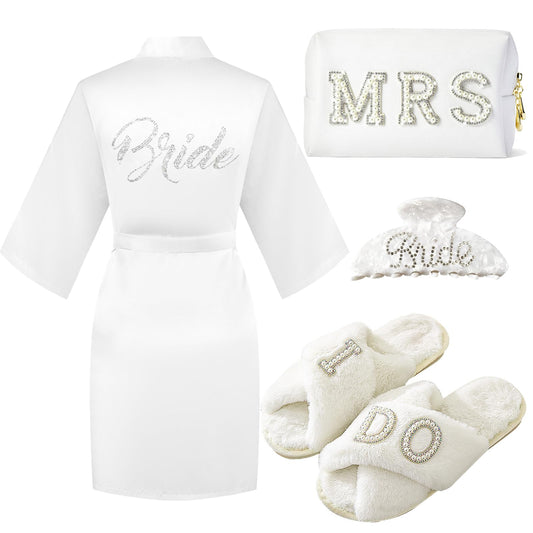 Bride to Be Gift Set, I Do Bride Slippers, Bride Robe Hair Claw Bride Patch MRS Cosmetic Bag Bangle Earrings Necklace (Slippers+Makeup Bag+Robe+Clip)