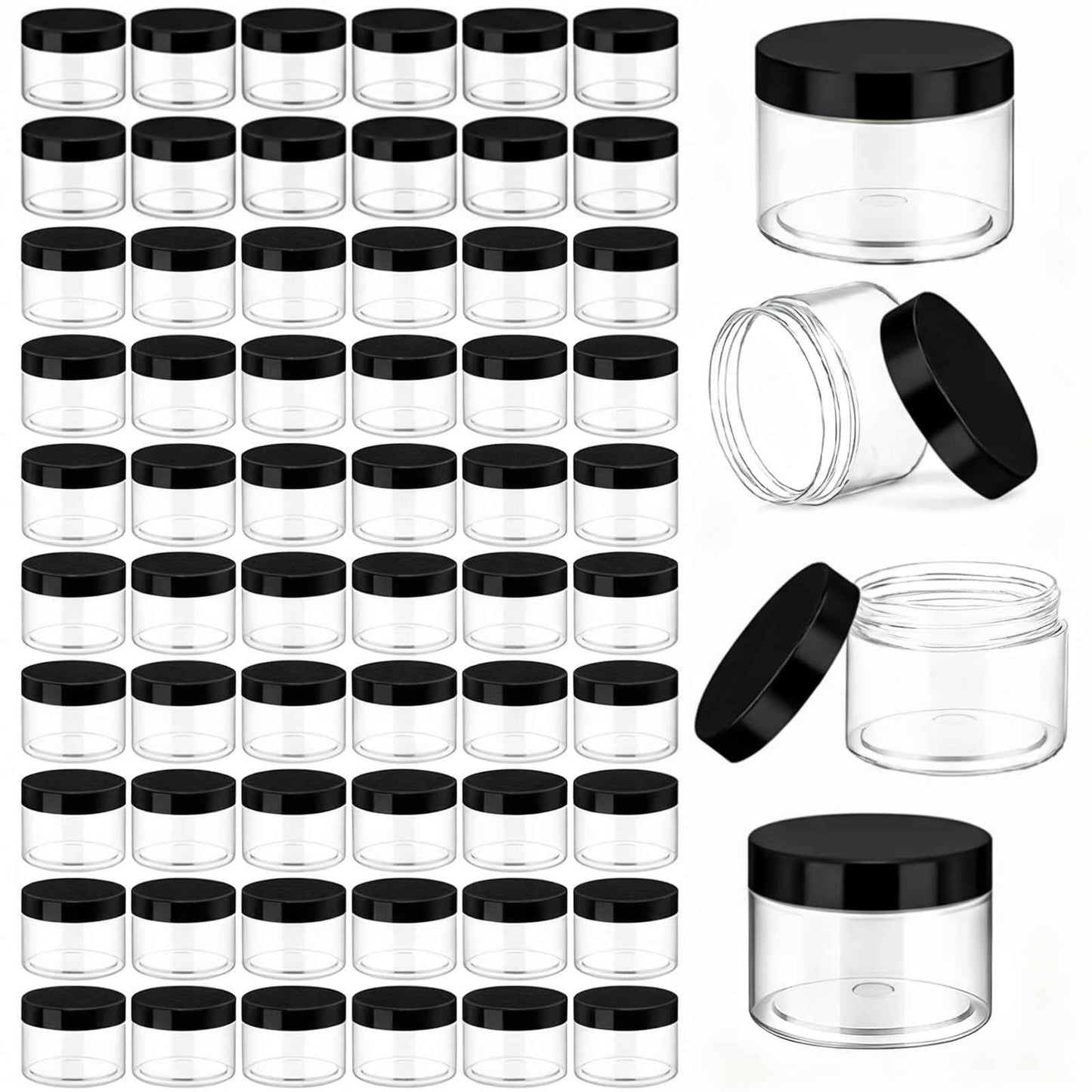 Patelai 60 Pcs Plastic Container Jars with Lids Round Clear Travel Cosmetic Container Jars for Toiletries, Lotion, Cream, Ointments, Makeup, Rhinestone, Samples, Kitchen Storage(Black,10 oz)