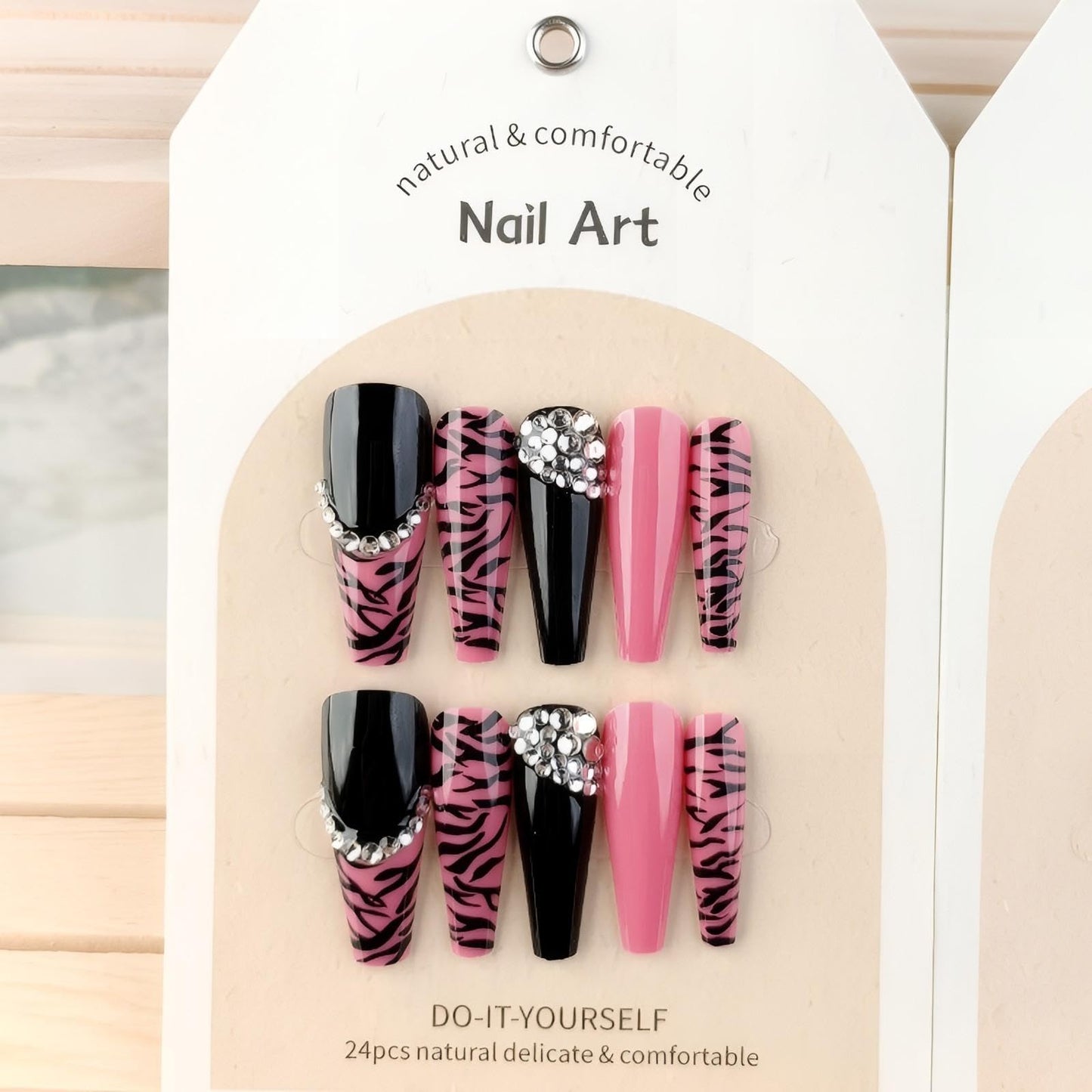 Rchovsam Pink Extra Long Coffin Press on Nails French Zebra Print Fake Nails Pink Black with Diamond Design False Nails Acrylic Arificial Stick on Nails Full Cover Gel Nails Gift for Womens 24pcs