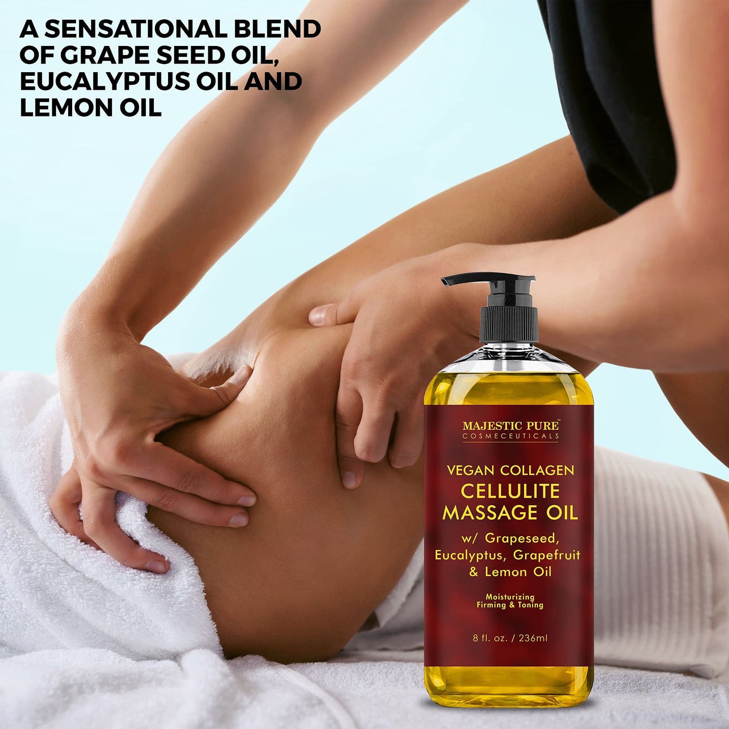 MAJESTIC PURE Cellulite Massage Oil - with Vegan Collagen & Stem Cells, Unique Blend of Massage Essential Oils - Anti Cellulite Oil Improves Skin Tightening and Firming, 2 x 8 fl oz