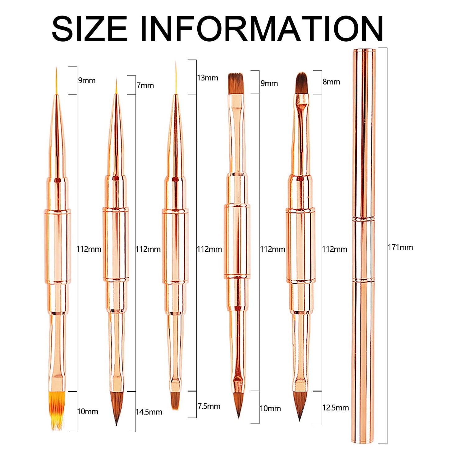 JERCLITY 5pcs Rose Gold Alloy Double-Ended Nail Art Brushes Set Nail Lace Brushes Round Flat Gel Builder Brush Nail Carving Pen Nail Liner Brush 3D Painting Brush Nail Design Tools for Acrylic Nails