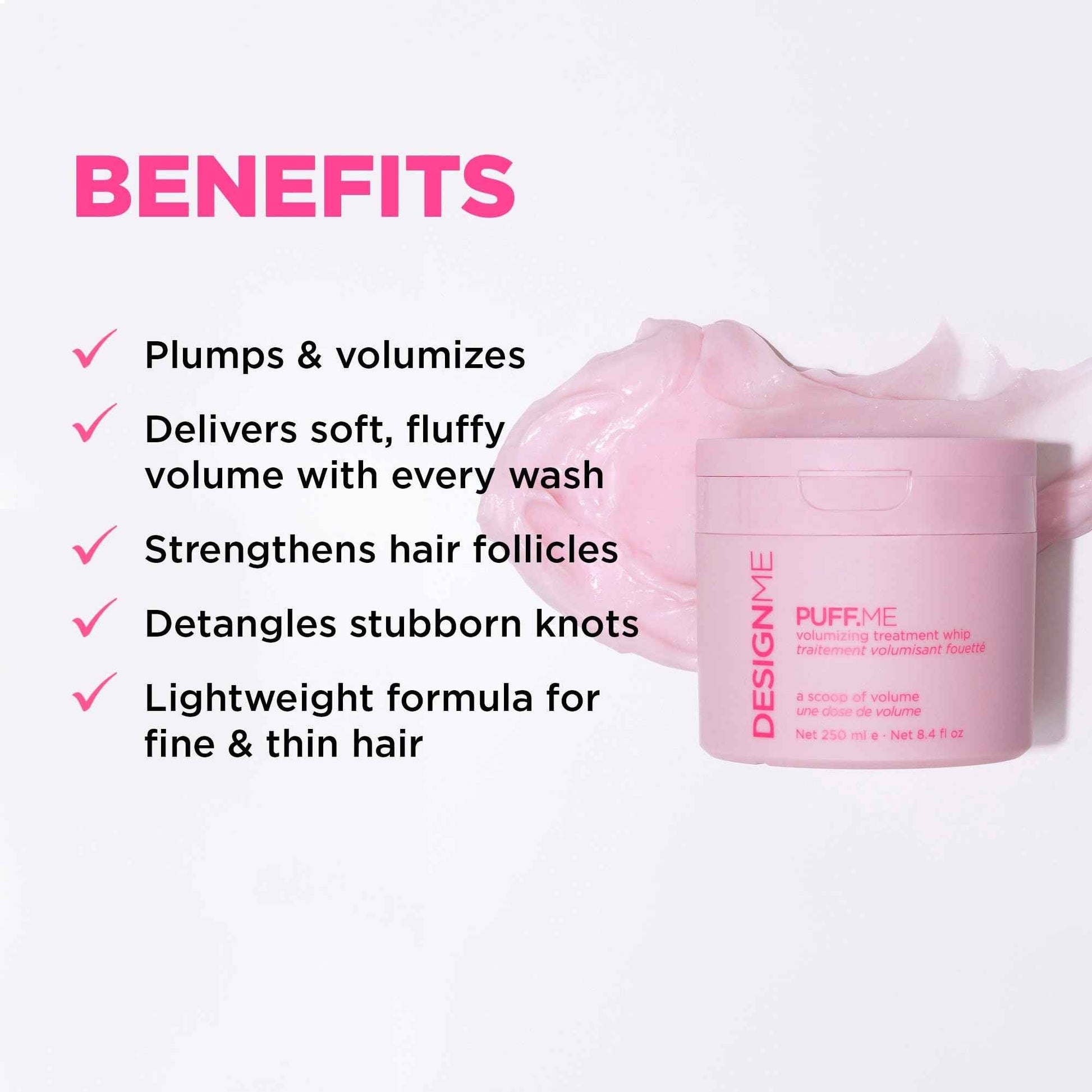 Design.Me PUFF.ME Volumizing Treatment Whip | Lightweight Hair Volumizer Mask with Hyaluronic Acid for Fine & Medium Hair | Adds Volume & Thickness | Strengthens, Detangles & Lifts Roots